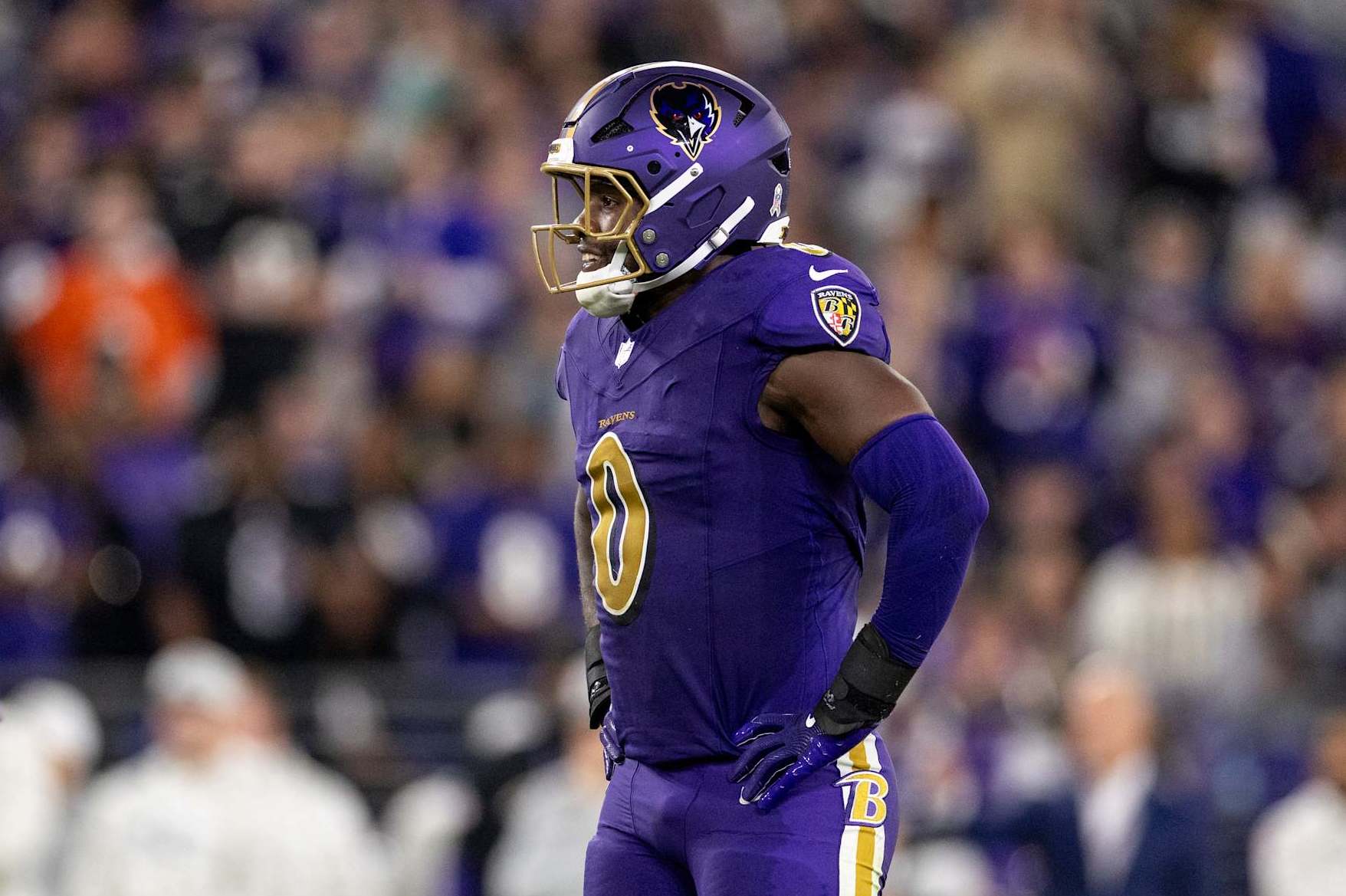BALTIMORE, MARYLAND - NOVEMBER 7: Roquan Smith #0 of the Baltimore Ravens reacts during an NFL Football game against the Cincinnati Bengals at M&T Bank Stadium on November 07, 2024 in Baltimore, Maryland. (Photo by Michael Owens/Getty Images)