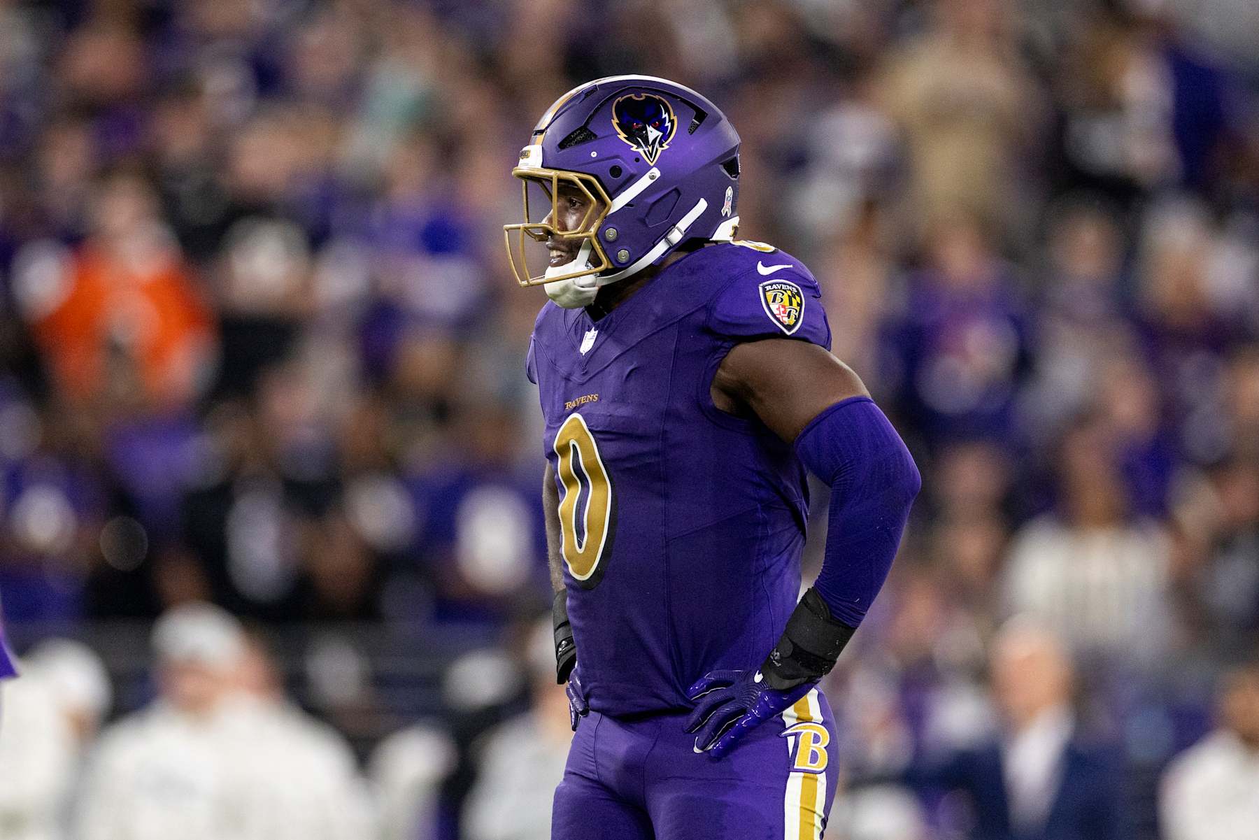 BALTIMORE, MARYLAND - NOVEMBER 7: Roquan Smith #0 of the Baltimore Ravens reacts during an NFL Football game against the Cincinnati Bengals at M&T Bank Stadium on November 07, 2024 in Baltimore, Maryland. (Photo by Michael Owens/Getty Images)