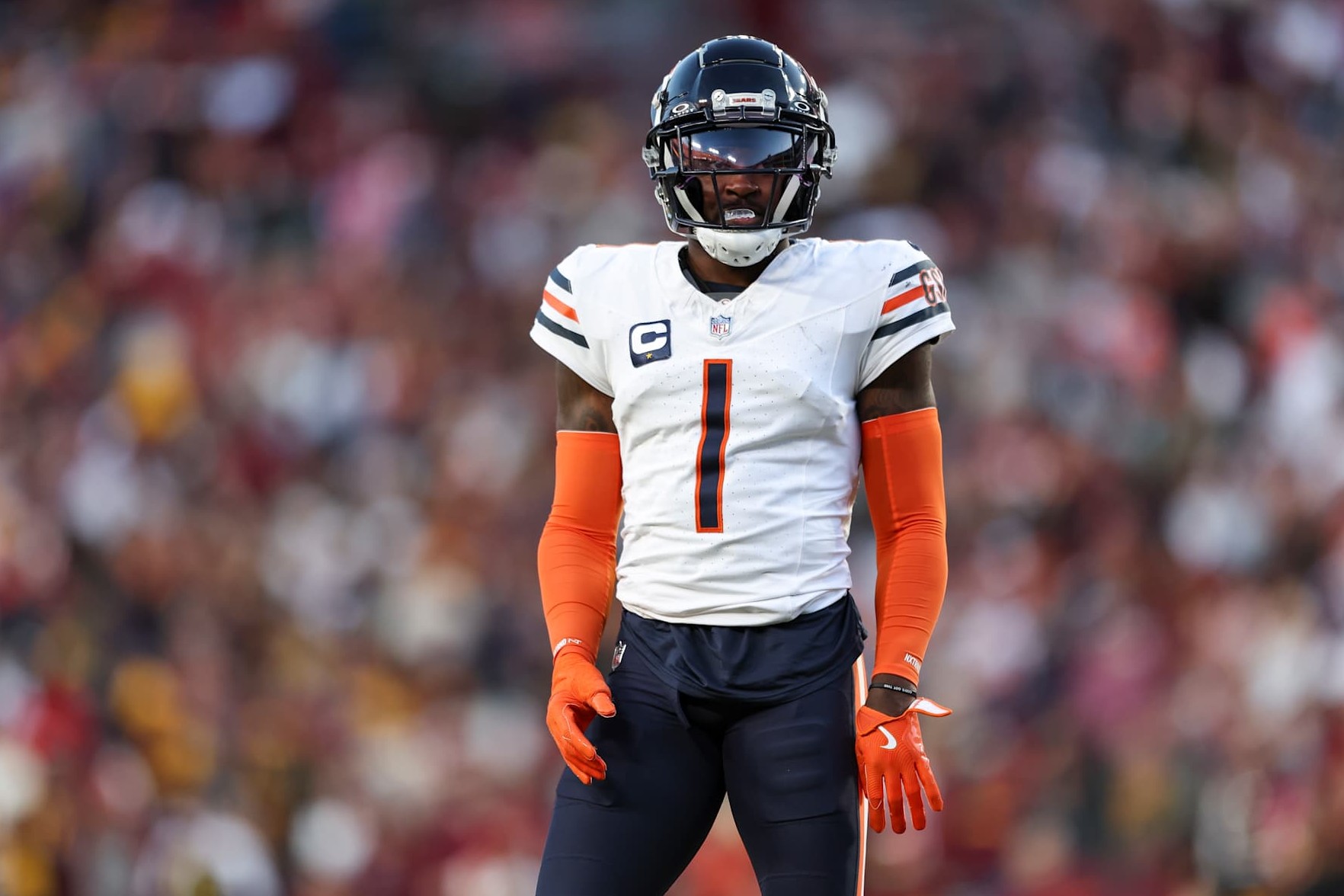 LANDOVER, MARYLAND - OCTOBER 27: Jaylon Johnson #1 of the Chicago Bears gets set during an NFL football game against the Washington Commanders at Northwest Stadium on October 27, 2024 in Landover, Maryland. The Commanders defeated the Bears 18-15. (Kara Durrette/Getty Images)