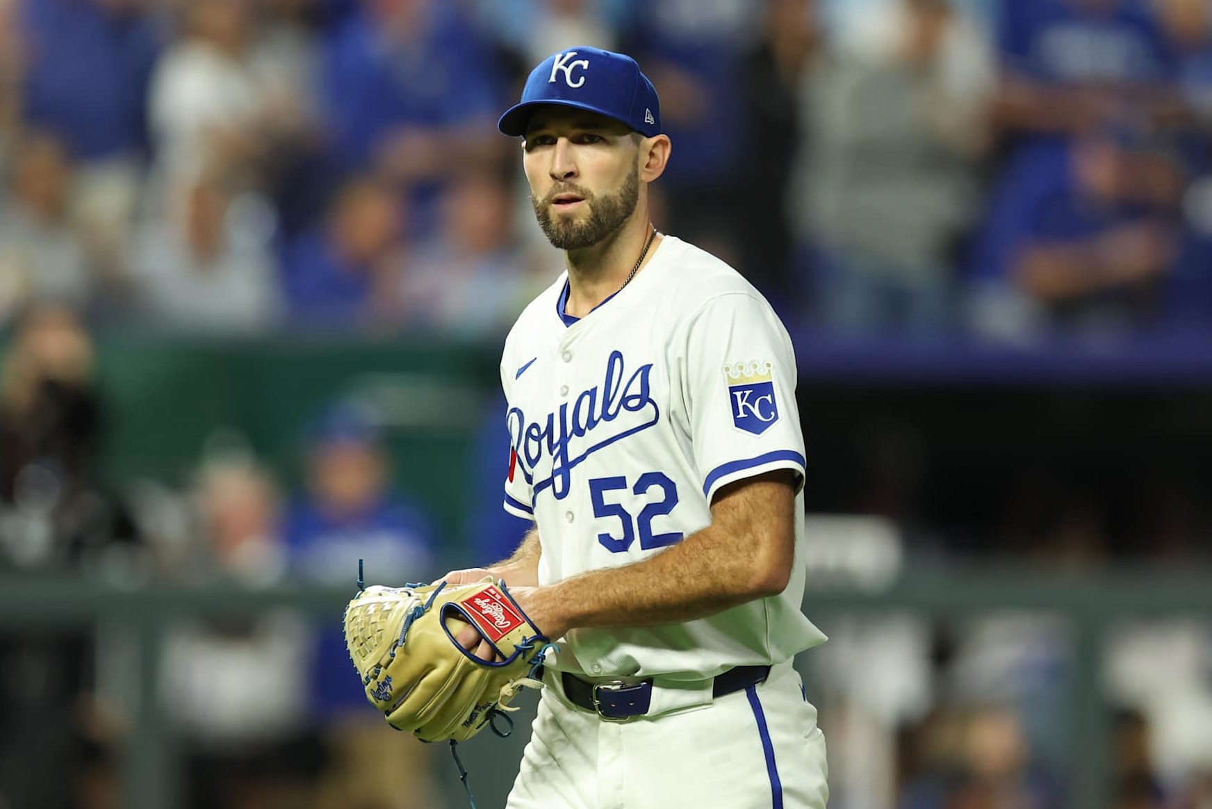 KANSAS CITY, MO - OCTOBER 10: Kansas City Royals pitcher Michael Wacha (52) walks to the dugout after the third inning of game 4 of the ALDS between the New York Yankees and Kansas City Royals on October 10, 2024 at Kauffman Stadium in Kansas City, MO. (Photo by Scott Winters/Icon Sportswire via Getty Images)