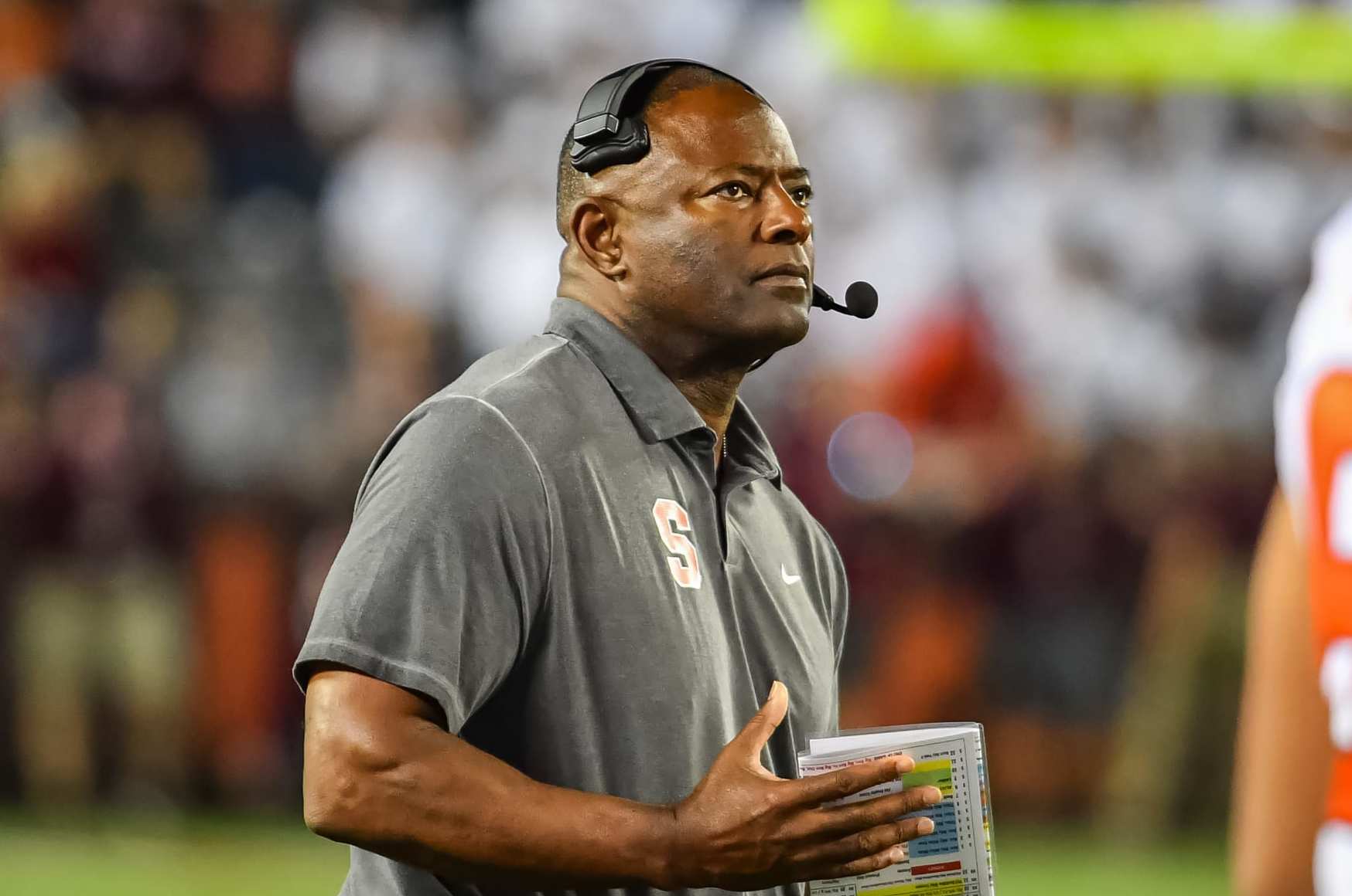 BLACKSBURG, VA - OCTOBER 26:  Syracuse Orange head coach Dino Babers during a college football game between the Syracuse Orange and the Virginia Tech Hokies on October 26, 2023  at Lane Stadium in Blacksburg, VA. (Photo by Brian Bishop/Icon Sportswire via Getty Images)