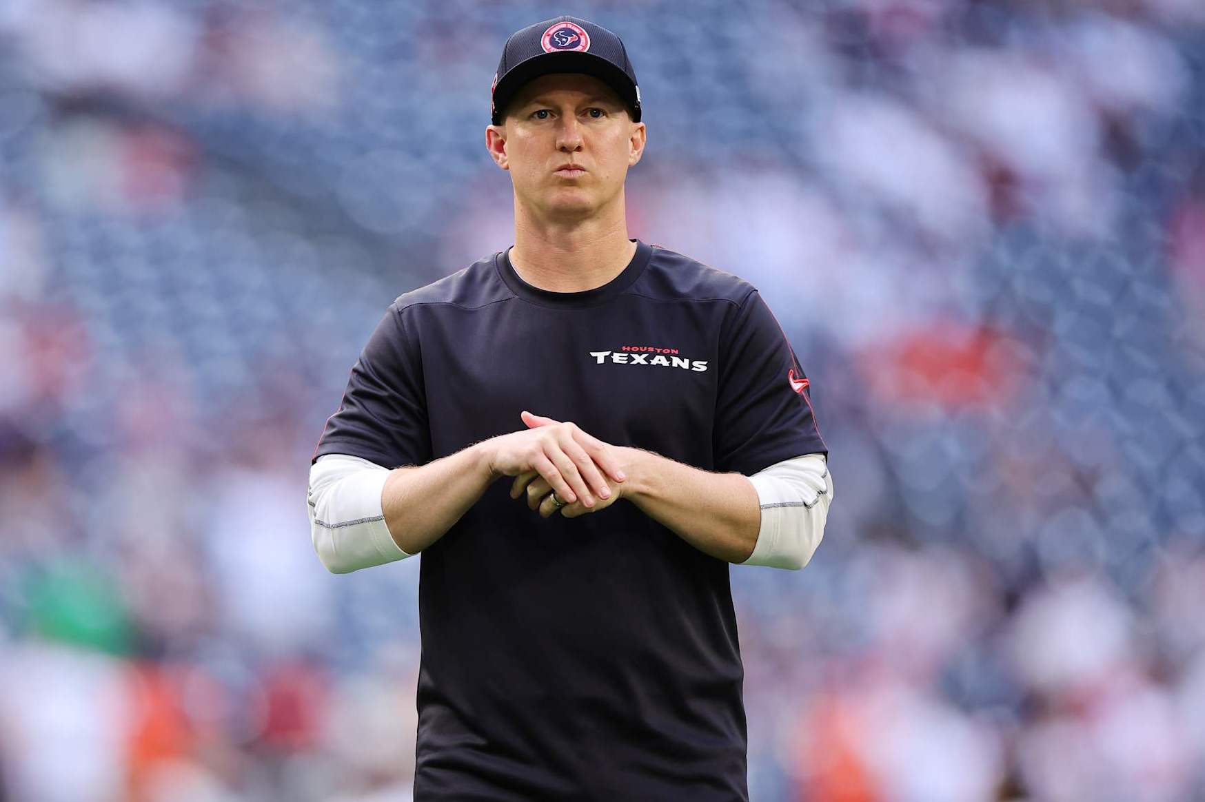 HOUSTON, TEXAS - SEPTEMBER 15: Offensive coordinator Bobby Slowik of the Houston Texans looks on prior to a game against the Chicago Bears at NRG Stadium on September 15, 2024 in Houston, Texas. (Photo by Alex Slitz/Getty Images)