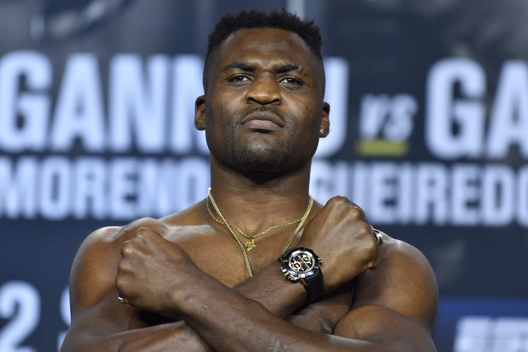 ANAHEIM, CALIFORNIA - JANUARY 21: Francis Ngannou of Cameroon poses on the scale during the UFC 270 ceremonial weigh-in at the Anaheim Convention Center on January 21, 2022 in Anaheim, California. (Photo by Chris Unger/Zuffa LLC)