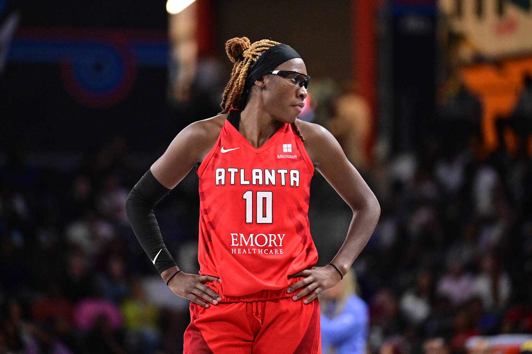 ATLANTA, GA - SEPTEMBER 17: Rhyne Howard #10 of the Atlanta Dream looks on during the game against the Chicago Sky on September 17, 2024 at Gateway Center Arena at College Park in Atlanta, Georgia. NOTE TO USER: User expressly acknowledges and agrees that, by downloading and or using this photograph, User is consenting to the terms and conditions of the Getty Images License Agreement. Mandatory Copyright Notice: Copyright 2024 NBAE (Photo by Adam Hagy/NBAE via Getty Images)