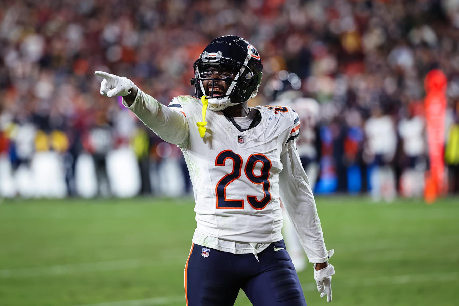 LANDOVER, MD - OCTOBER 27: Tyrique Stevenson #29 of the Chicago Bears interacts with fans during the second half of the game against the Washington Commanders at Northwest Stadium on October 27, 2024 in Landover, Maryland. (Photo by Scott Taetsch/Getty Images)
