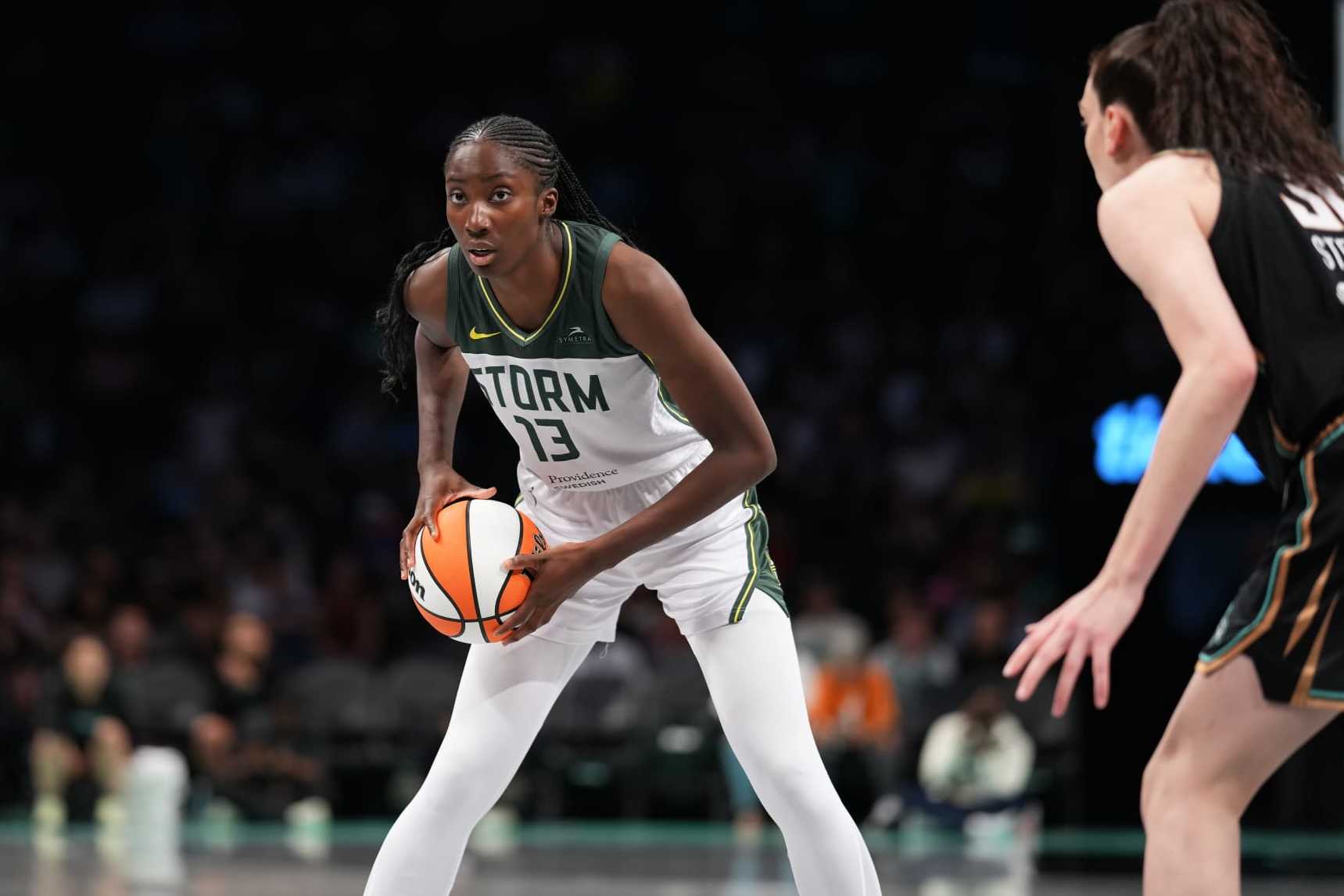 BROOKLYN, NY - JULY 8: Ezi Magbegor #13 of the Seattle Storm handles the ball during the game against the New York Liberty on July 8, 2023 in Brooklyn, New York. NOTE TO USER: User expressly acknowledges and agrees that, by downloading and or using this photograph, user is consenting to the terms and conditions of the Getty Images License Agreement. Mandatory Copyright Notice: Copyright 2023 NBAE (Photo by Evan Yu/NBAE via Getty Images)