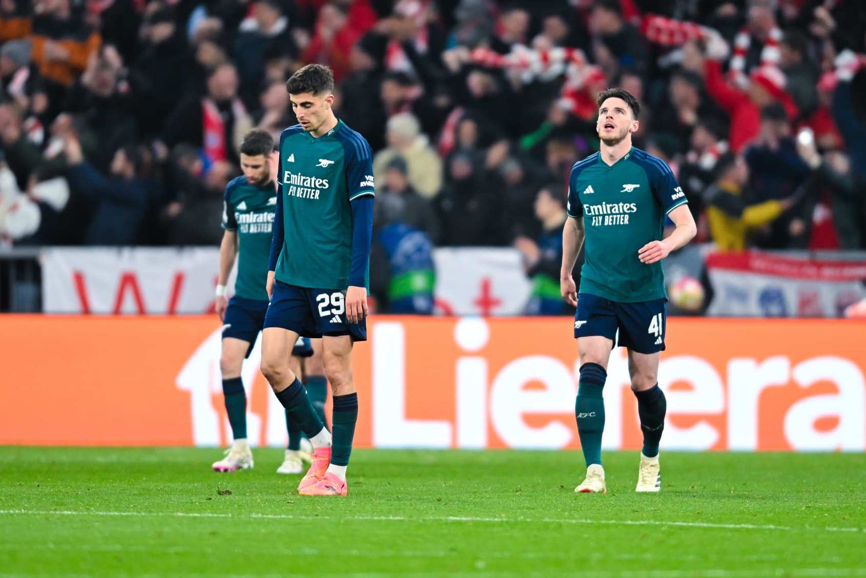 MUNICH, GERMANY - APRIL 17: Kai Havertz of Arsenal FC and Declan Rice of Arsenal FC look dejected during the UEFA Champions League quarter-final second leg match between FC Bayern München and Arsenal FC at Allianz Arena on April 17, 2024 in Munich, Germany. (Photo by Silas Schueller/DeFodi Images via Getty Images)