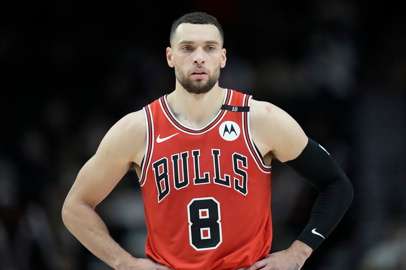 PORTLAND, OREGON - JANUARY 19: Zach LaVine #8 of the Chicago Bulls looks on during the second half against the Portland Trail Blazers at Moda Center on January 19, 2025 in Portland, Oregon. NOTE TO USER: User expressly acknowledges and agrees that, by downloading and or using this photograph, User is consenting to the terms and conditions of the Getty Images License Agreement. (Photo by Soobum Im/Getty Images)