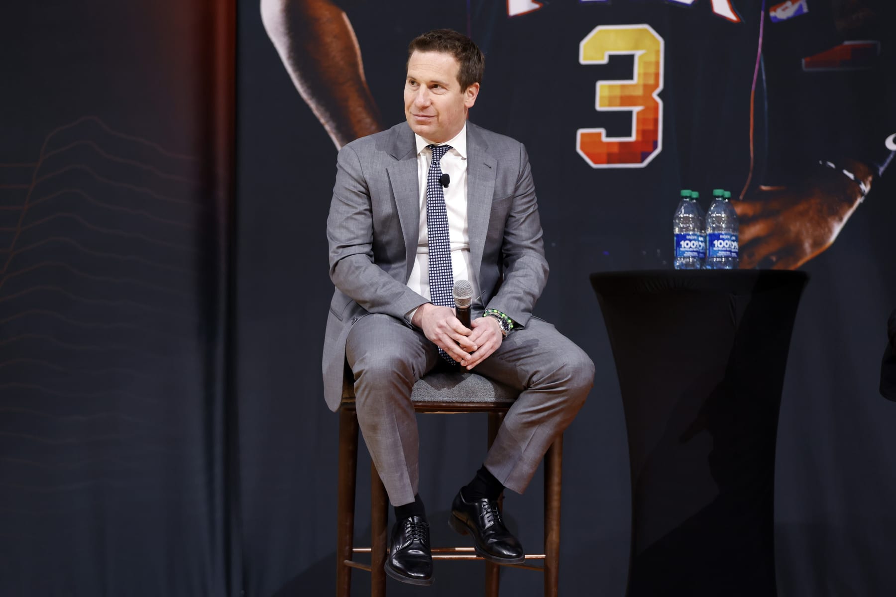 PHOENIX, ARIZONA - FEBRUARY 16:  Owner Mat Ishbia of the Phoenix Suns answers questions from the media during a press conference introducing Kevin Durant at Footprint Center on February 16, 2023 in Phoenix, Arizona. NOTE TO USER: User expressly acknowledges and agrees that, by downloading and/or using this photograph, User is consenting to the terms and conditions of the Getty Images License Agreement.  (Photo by Chris Coduto/Getty Images)