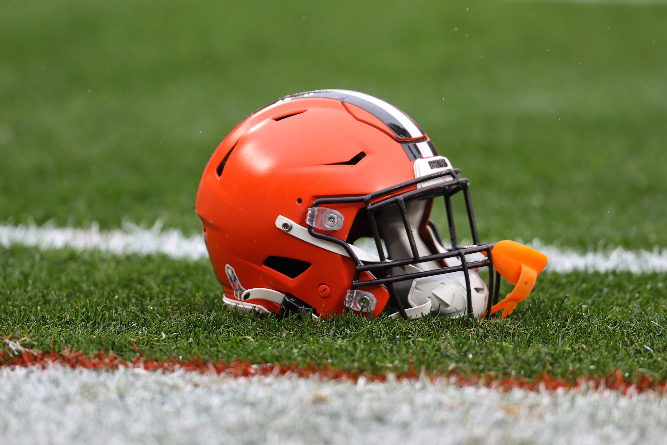 CLEVELAND, OH - NOVEMBER 21: A Cleveland Browns helmet on the field prior to the National Football League game between the Detroit Lions and Cleveland Browns on November 21, 2021, at FirstEnergy Stadium in Cleveland, OH.  (Photo by Frank Jansky/Icon Sportswire via Getty Images)
