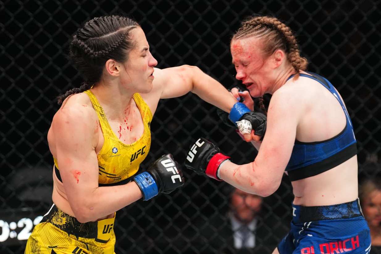 ST LOUIS, MISSOURI - MAY 11: (L-R) Veronica Hardy of Venezuela punches JJ Aldrich in a flyweight fight during the UFC Fight Night event at Enterprise Center on May 11, 2024 in St Louis, Missouri. (Photo by Josh Hedges/Zuffa LLC via Getty Images)