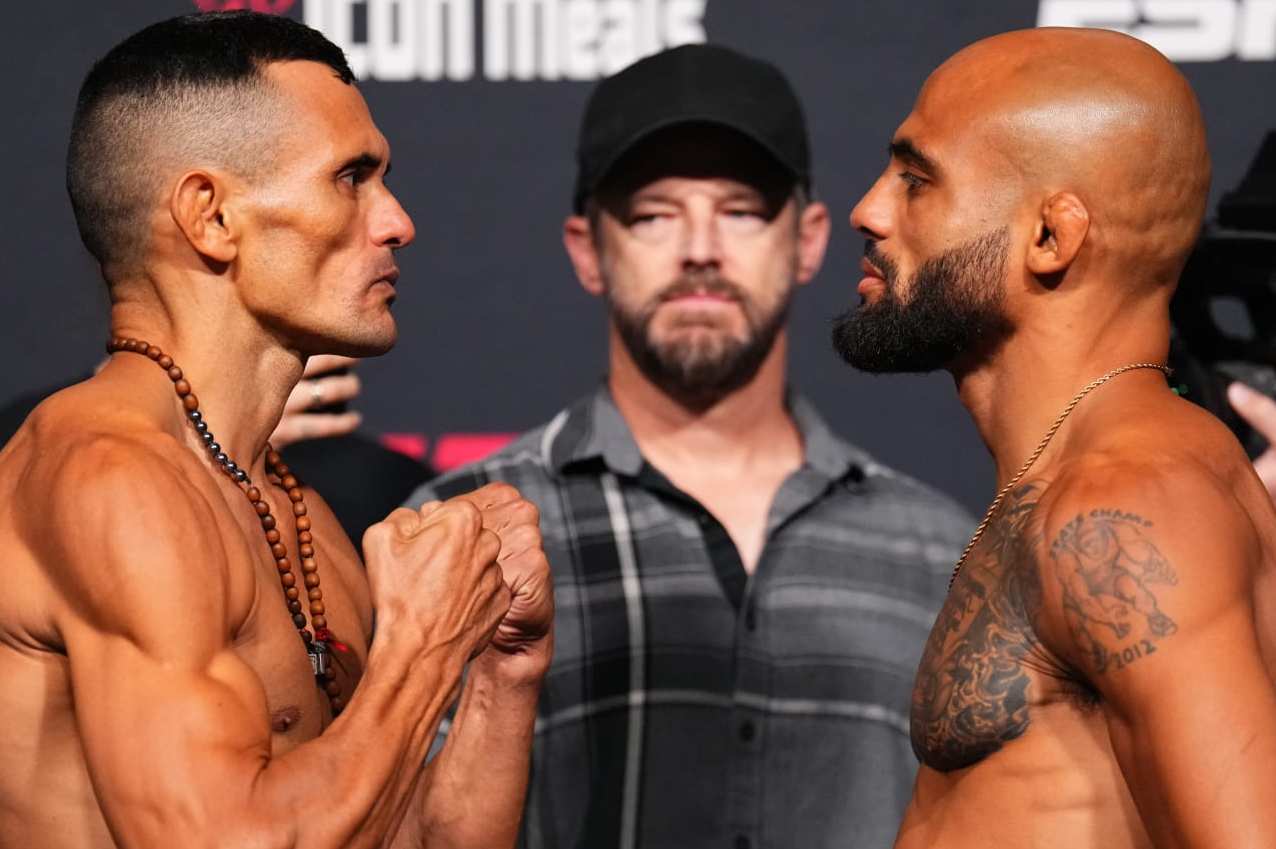 LAS VEGAS, NEVADA - JUNE 14: (L-R) Opponents Douglas Silva de Andrade of Brazil and Miles Johns face off during the UFC Fight Night weigh-in at UFC APEX on June 14, 2024 in Las Vegas, Nevada. (Photo by Chris Unger/Zuffa LLC via Getty Images)