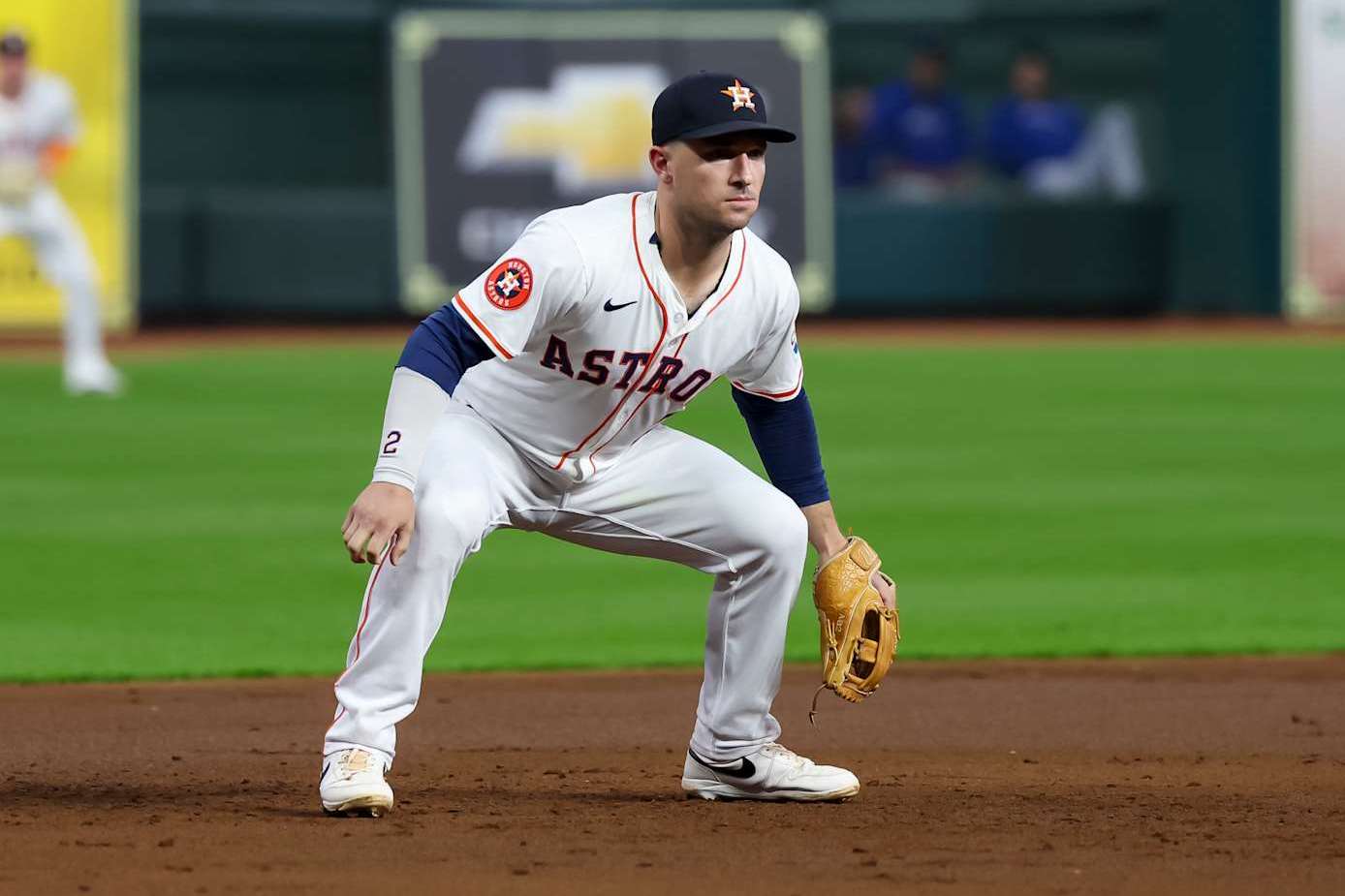 HOUSTON, TX - AUGUST 29: Houston Astros third baseman Alex Bregman (2) watches the batter during the MLB game between the Kansas City Royals and Houston Astros on August 29, 2024 at Minute Maid Park in Houston, Texas. (Photo by Leslie Plaza Johnson/Icon Sportswire via Getty Images)