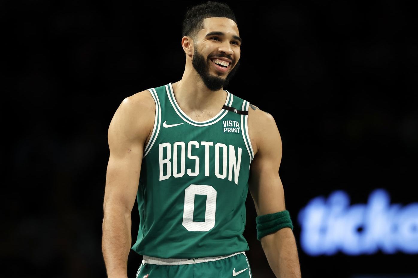 NEW YORK, NEW YORK - FEBRUARY 13: Jayson Tatum #0 of the Boston Celtics smiles during the second half against the Brooklyn Nets at Barclays Center on February 13, 2024 in the Brooklyn borough of New York City. The Celtics won 118-110. NOTE TO USER: User expressly acknowledges and agrees that, by downloading and or using this photograph, User is consenting to the terms and conditions of the Getty Images License Agreement. (Photo by Sarah Stier/Getty Images) NEW YORK, NEW YORK - FEBRUARY 13: Jayson Tatum #0 of the Boston Celtics smiles during the second half against the Brooklyn Nets at Barclays Center on February 13, 2024 in the Brooklyn borough of New York City. The Celtics won 118-110. NOTE TO USER: User expressly acknowledges and agrees that, by downloading and or using this photograph, User is consenting to the terms and conditions of the Getty Images License Agreement. (Photo by Sarah Stier/Getty Images)