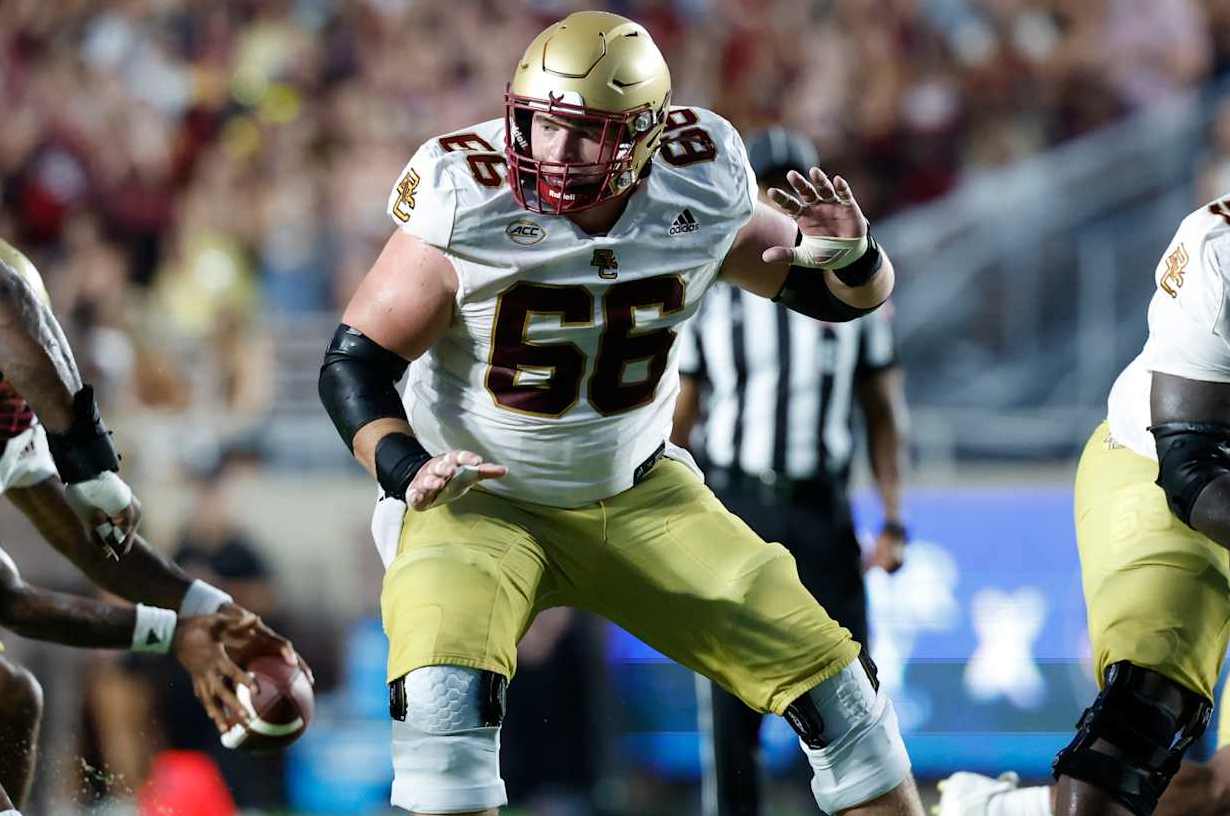 TALLAHASSEE, FL - SEPTEMBER 02: Boston College Eagles offensive lineman Drew Kendall (66) blocks during a college football game against the Florida State Seminoles on September 02, 2024 at Bobby Bowden Field at Doak Campbell Stadium in Tallahassee, Florida. (Photo by Joe Robbins/Icon Sportswire via Getty Images)