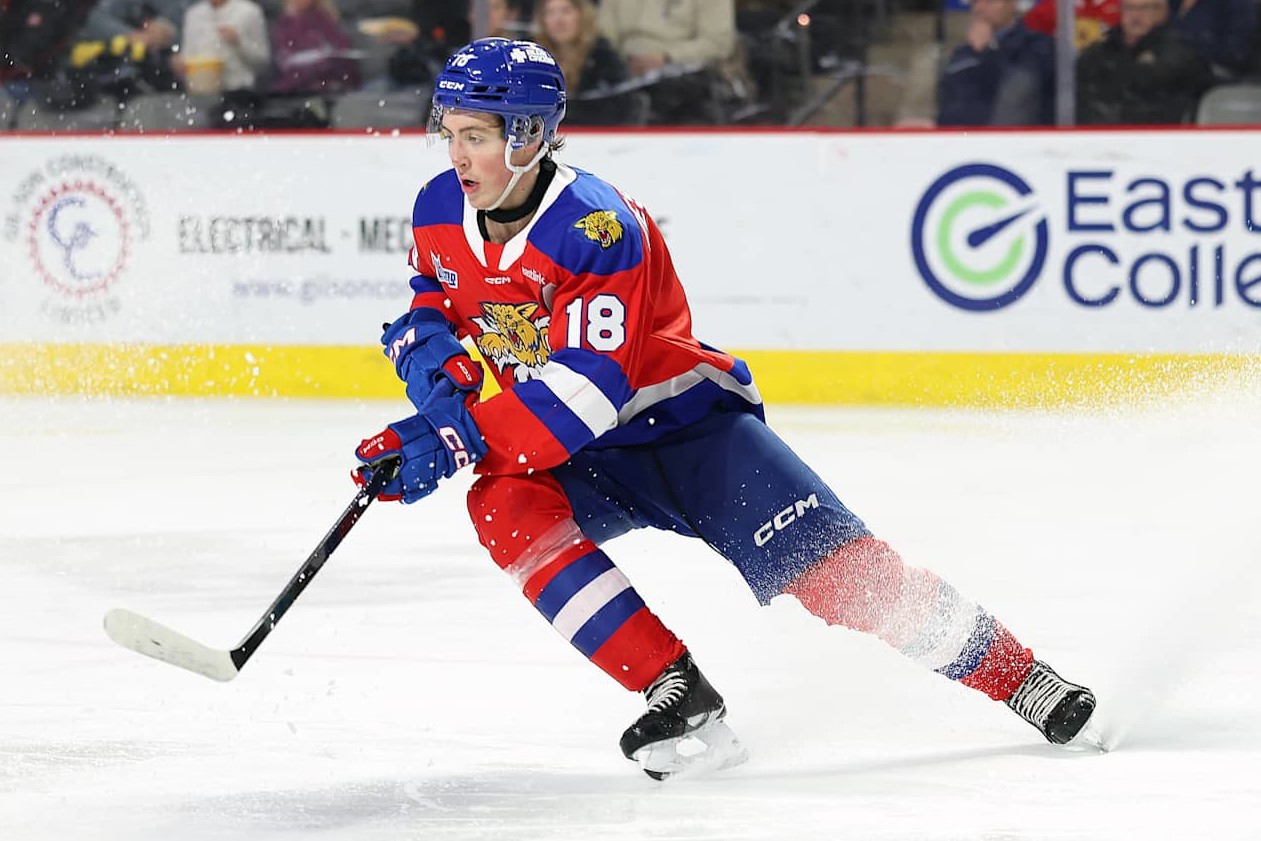 MONCTON, CANADA - DECEMBER 31: Caleb Desnoyers #18 of Moncton Wildcats skates after the puck against Charlottetown Islanders during the second period at Avenir Centre on December 31, 2024 in Moncton, Canada. (Photo by Dale Preston/Getty Images)