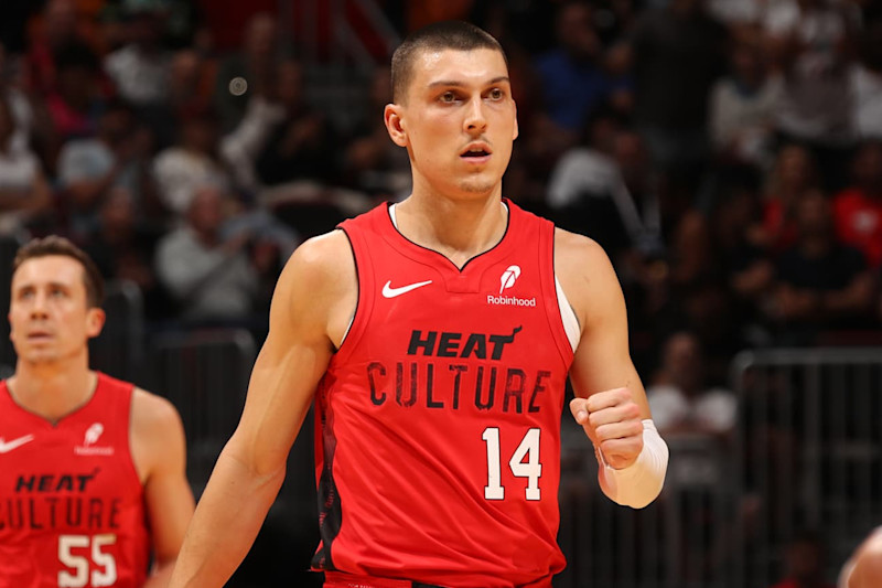 MIAMI, FL - NOVEMBER 18: Tyler Herro #14 of the Miami Heat looks on during the game against the Philadelphia 76ers on November 18, 2024 at Kaseya Center in Miami, Florida. NOTE TO USER: User expressly acknowledges and agrees that, by downloading and or using this Photograph, user is consenting to the terms and conditions of the Getty Images License Agreement. Mandatory Copyright Notice: Copyright 2024 NBAE (Photo by Issac Baldizon/NBAE via Getty Images)