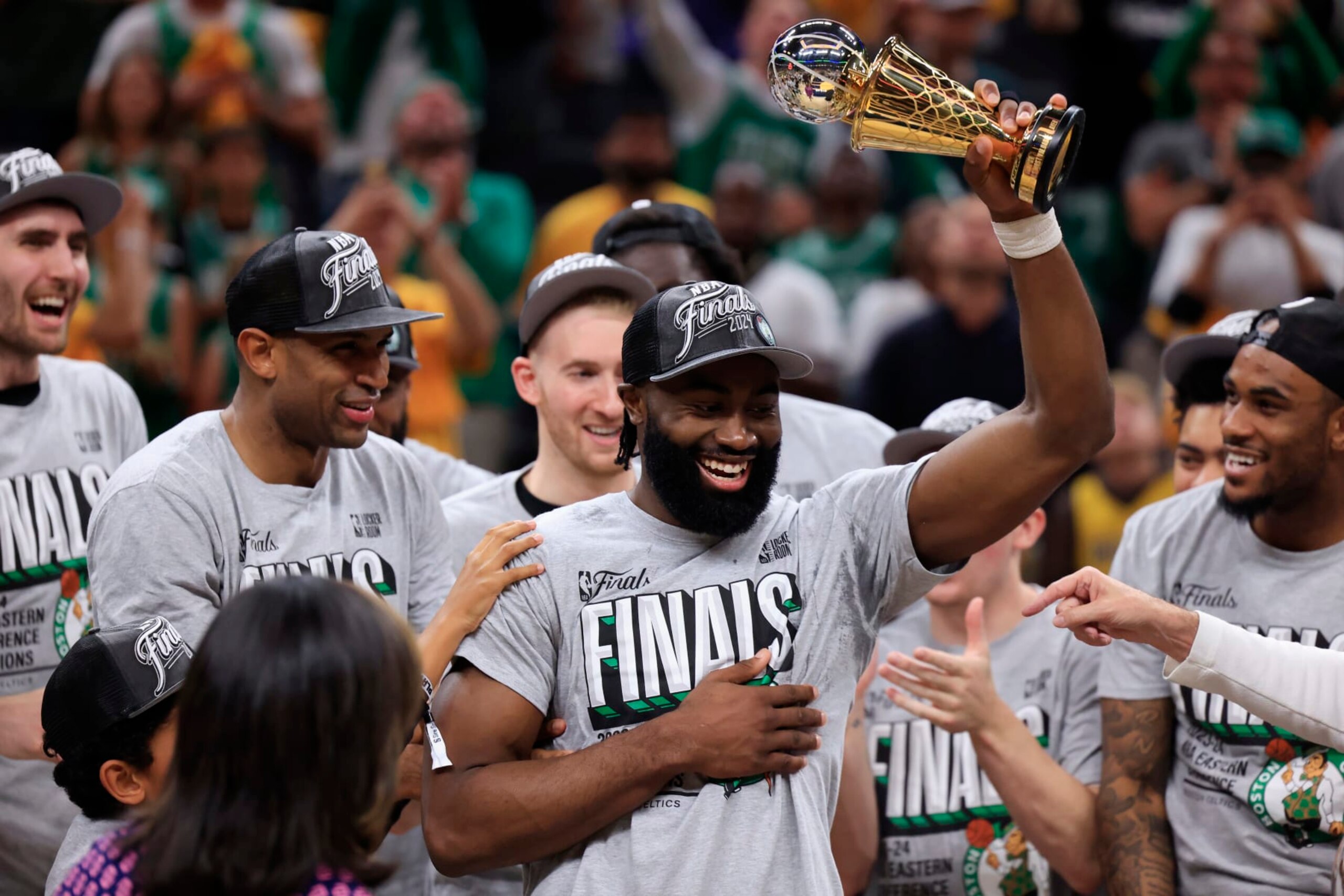 INDIANAPOLIS, INDIANA - MAY 27: Jaylen Brown #7 of the Boston Celtics accepts The Larry Bird Trophy after winning Game Four of the Eastern Conference Finals at Gainbridge Fieldhouse on May 27, 2024 in Indianapolis, Indiana. NOTE TO USER: User expressly acknowledges and agrees that, by downloading and or using this photograph, User is consenting to the terms and conditions of the Getty Images License Agreement. (Photo by Justin Casterline/Getty Images) INDIANAPOLIS, INDIANA - MAY 27: Jaylen Brown #7 of the Boston Celtics accepts The Larry Bird Trophy after winning Game Four of the Eastern Conference Finals at Gainbridge Fieldhouse on May 27, 2024 in Indianapolis, Indiana. NOTE TO USER: User expressly acknowledges and agrees that, by downloading and or using this photograph, User is consenting to the terms and conditions of the Getty Images License Agreement. (Photo by Justin Casterline/Getty Images)
