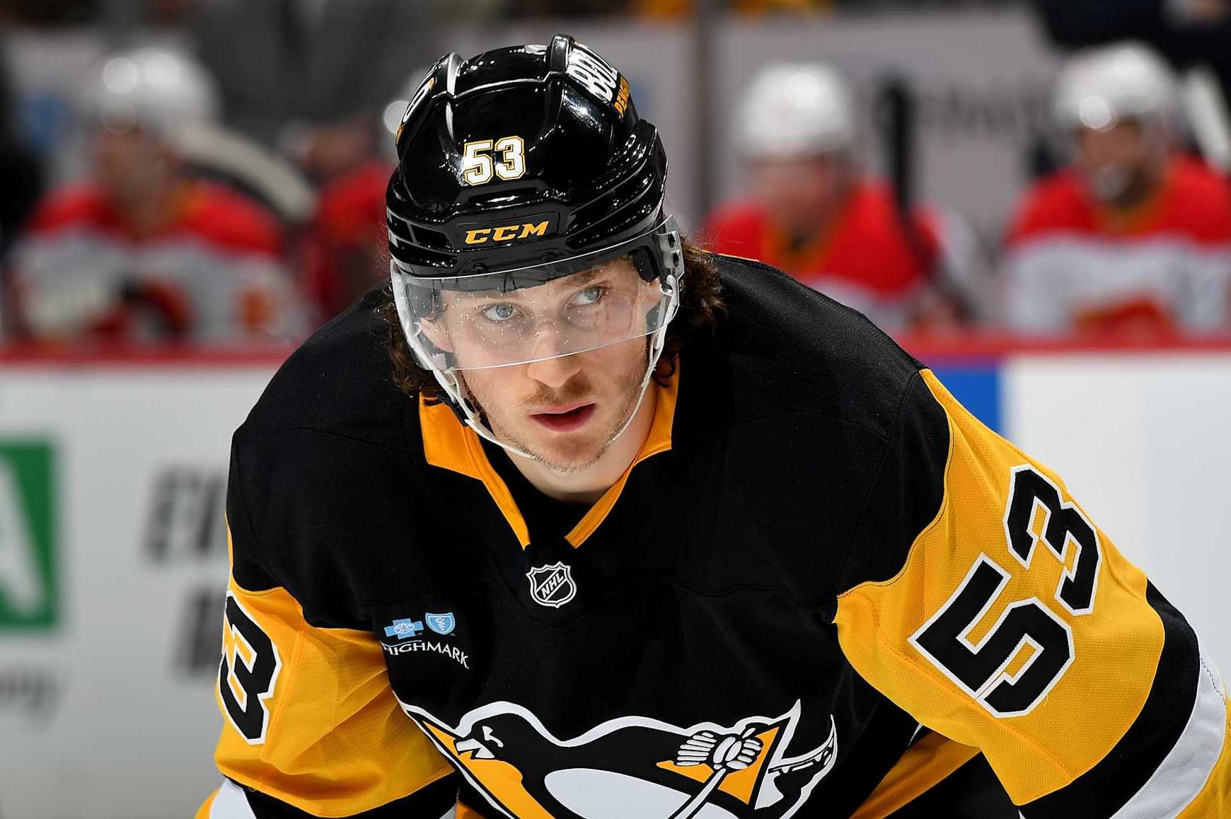 PITTSBURGH, PA - NOVEMBER 30: Philip Tomasino #53 of the Pittsburgh Penguins look on against the Calgary Flames at PPG PAINTS Arena on November 30, 2024 in Pittsburgh, Pennsylvania. (Photo by Joe Sargent/NHLI via Getty Images)