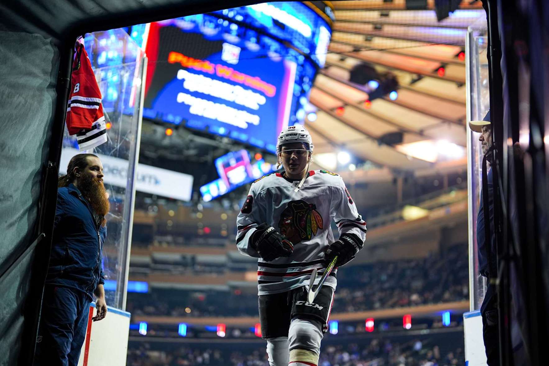 NEW YORK, NEW YORK - DECEMBER 09: Connor Bedard #98 of the Chicago Blackhawks exits the ice after warmups prior to the game against the New York Rangers at Madison Square Garden on December 9, 2024 in New York City. (Photo by Jared Silber/NHLI via Getty Images)
