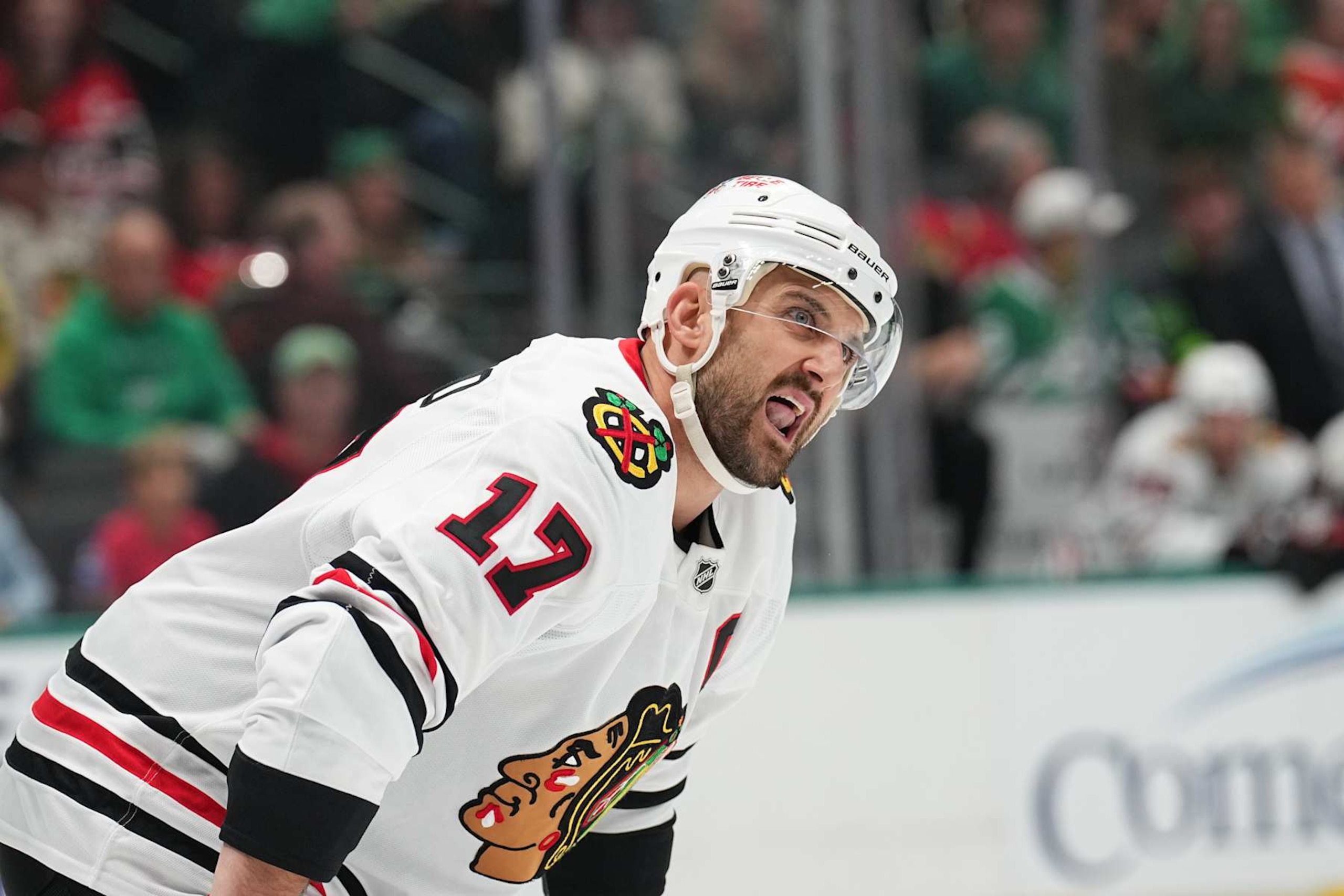 DALLAS, TX - OCTOBER 26: Nick Foligno #17 of the Chicago Blackhawks lines up against the Dallas Stars at the American Airlines Center on October 26, 2024 in Dallas, Texas. (Photo by Glenn James/NHLI via Getty Images)