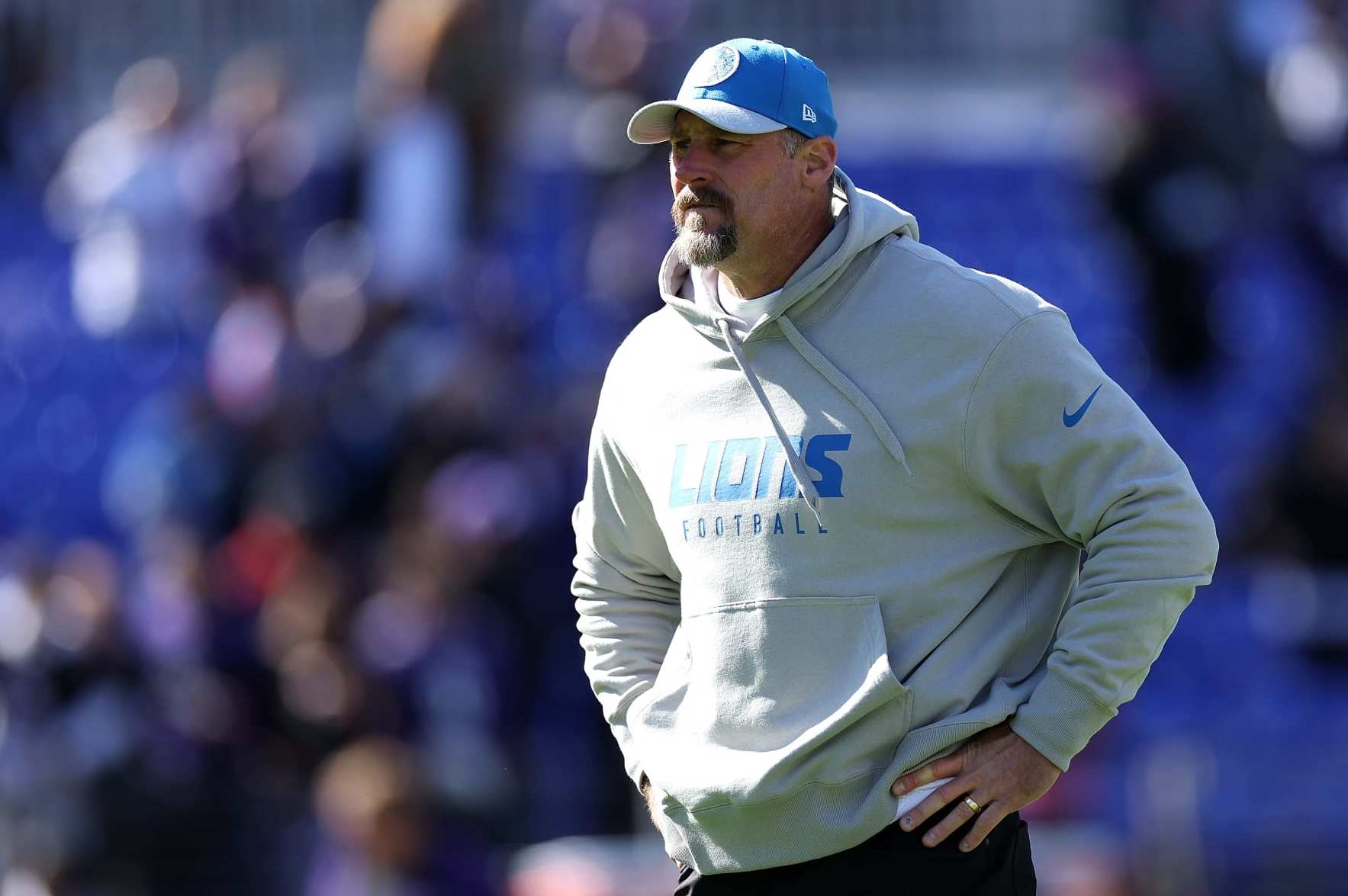 BALTIMORE, MARYLAND - OCTOBER 22: Head coach Dan Campbell of the Detroit Lions looks on before the game against the Baltimore Ravens at M&T Bank Stadium on October 22, 2023 in Baltimore, Maryland. (Photo by Patrick Smith/Getty Images)