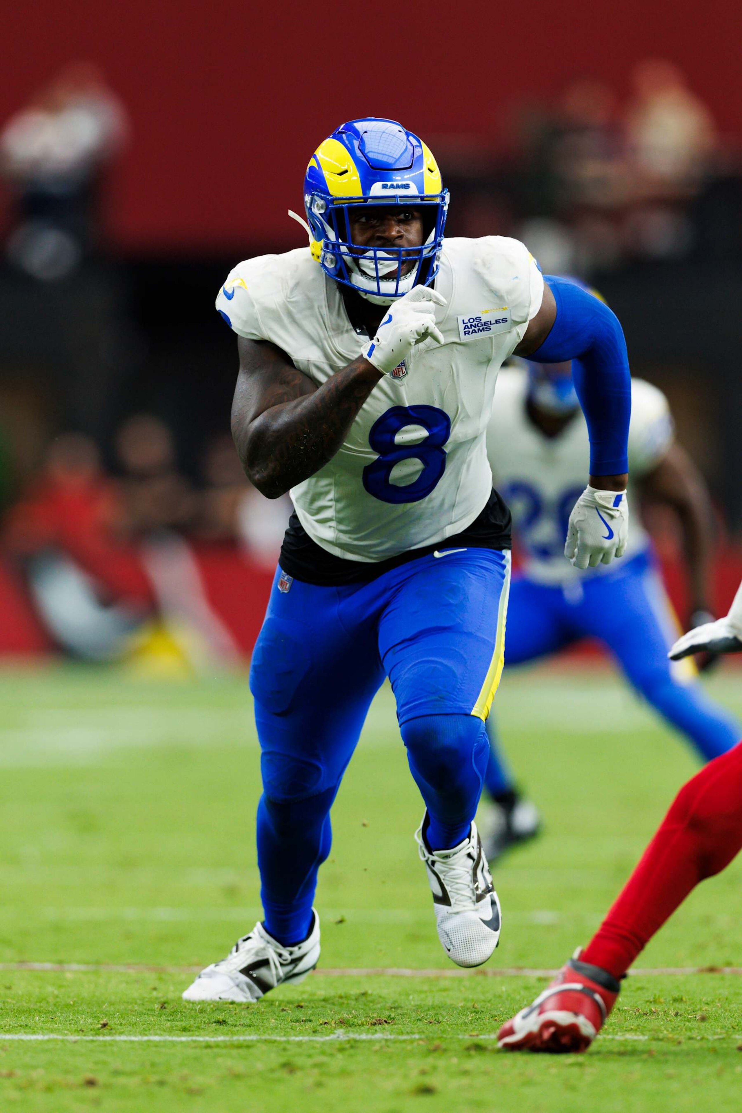 GLENDALE, ARIZONA - SEPTEMBER 15: Jared Verse #8 of the Los Angeles Rams rushes the edge during a game against the Arizona Cardinals at State Farm Stadium on September 15, 2024 in Glendale, Arizona. (Photo by Ric Tapia/Getty Images) GLENDALE, ARIZONA - SEPTEMBER 15: Jared Verse #8 of the Los Angeles Rams rushes the edge during a game against the Arizona Cardinals at State Farm Stadium on September 15, 2024 in Glendale, Arizona. (Photo by Ric Tapia/Getty Images)