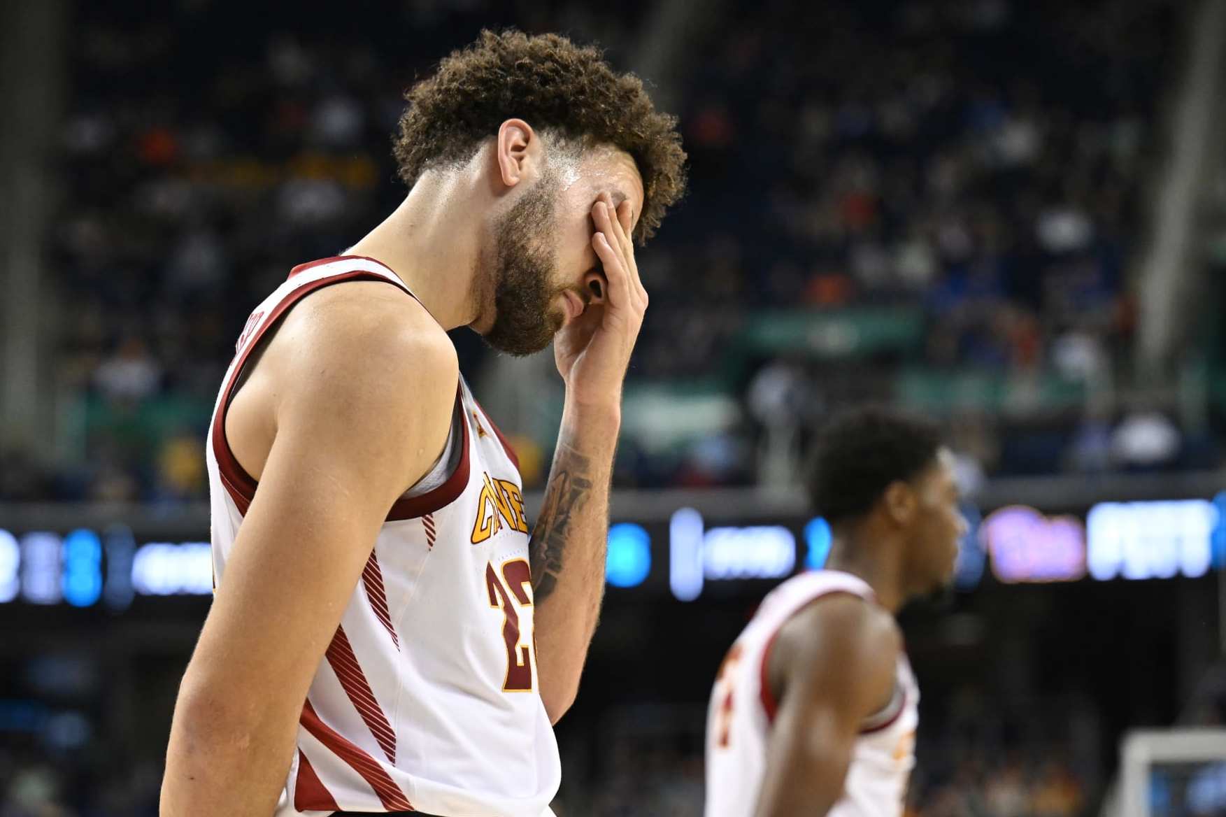 GREENSBORO, NC - MARCH 17: Gabe Kalscheur #22 of the Iowa State Cyclones reacts to the game against the Pittsburgh Panthers during the first round of the 2023 NCAA Men's Basketball Tournament held at Greensboro Coliseum on March 17, 2023 in Greensboro, North Carolina. (Photo by Grant Halverson/NCAA Photos via Getty Images)