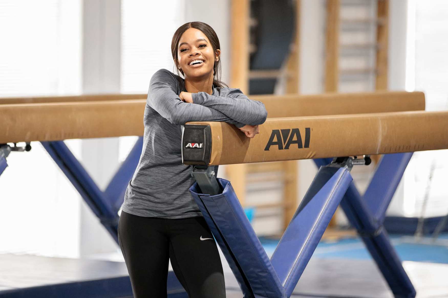 SANTA MONICA, CALIFORNIA - MARCH 02:  Olympic gymnast Gabby Douglas teaches Jay Pharoah gymnastics on the IMDb Series “Special Skills” in Los Angeles, California.  This episode of “Special Skills” airs on March 10, 2020. (Photo by Rich Polk/Getty Images for IMDb)