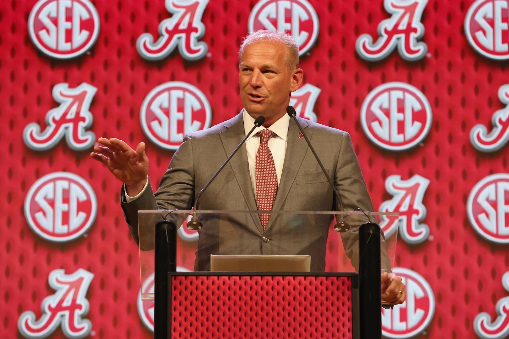 DALLAS, TEXAS - JULY 17: Head coach Kalen DeBoer of the Alabama Crimson Tide speaks during SEC Football Media Days at Omni Dallas Hotel on July 17, 2024 in Dallas, Texas.  (Photo by Tim Warner/Getty Images)