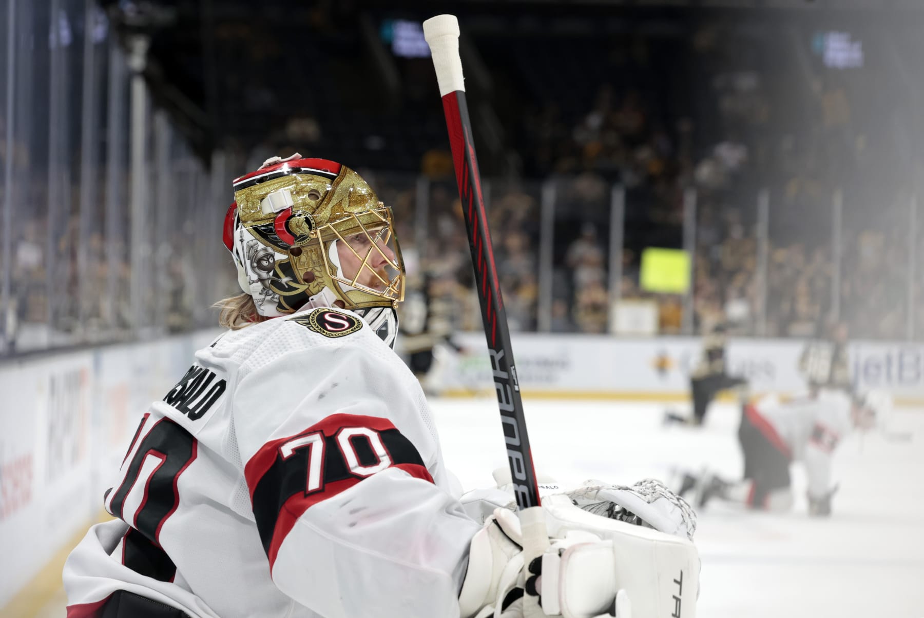 BOSTON, MA - APRIL 16: Ottawa Senators goalie Joonas Korpisalo (70) watches during warm up before a game between the Boston Bruins and the Ottawa Senators on April 16, 2024, at TD Garden in Boston, Massachusetts. (Photo by Fred Kfoury III/Icon Sportswire via Getty Images)