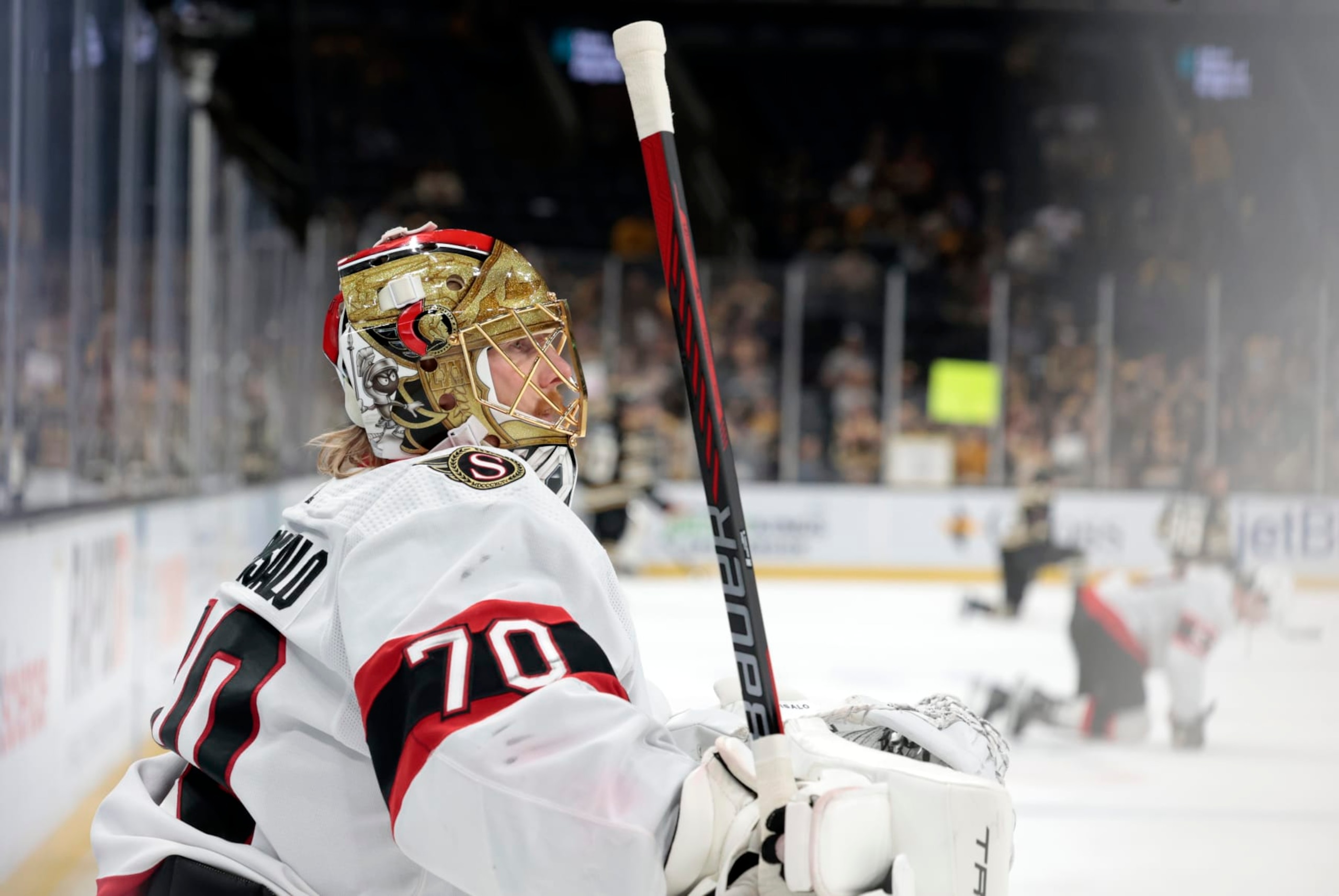 BOSTON, MA - APRIL 16: Ottawa Senators goalie Joonas Korpisalo (70) watches during warm up before a game between the Boston Bruins and the Ottawa Senators on April 16, 2024, at TD Garden in Boston, Massachusetts. (Photo by Fred Kfoury III/Icon Sportswire via Getty Images) BOSTON, MA - APRIL 16: Ottawa Senators goalie Joonas Korpisalo (70) watches during warm up before a game between the Boston Bruins and the Ottawa Senators on April 16, 2024, at TD Garden in Boston, Massachusetts. (Photo by Fred Kfoury III/Icon Sportswire via Getty Images)