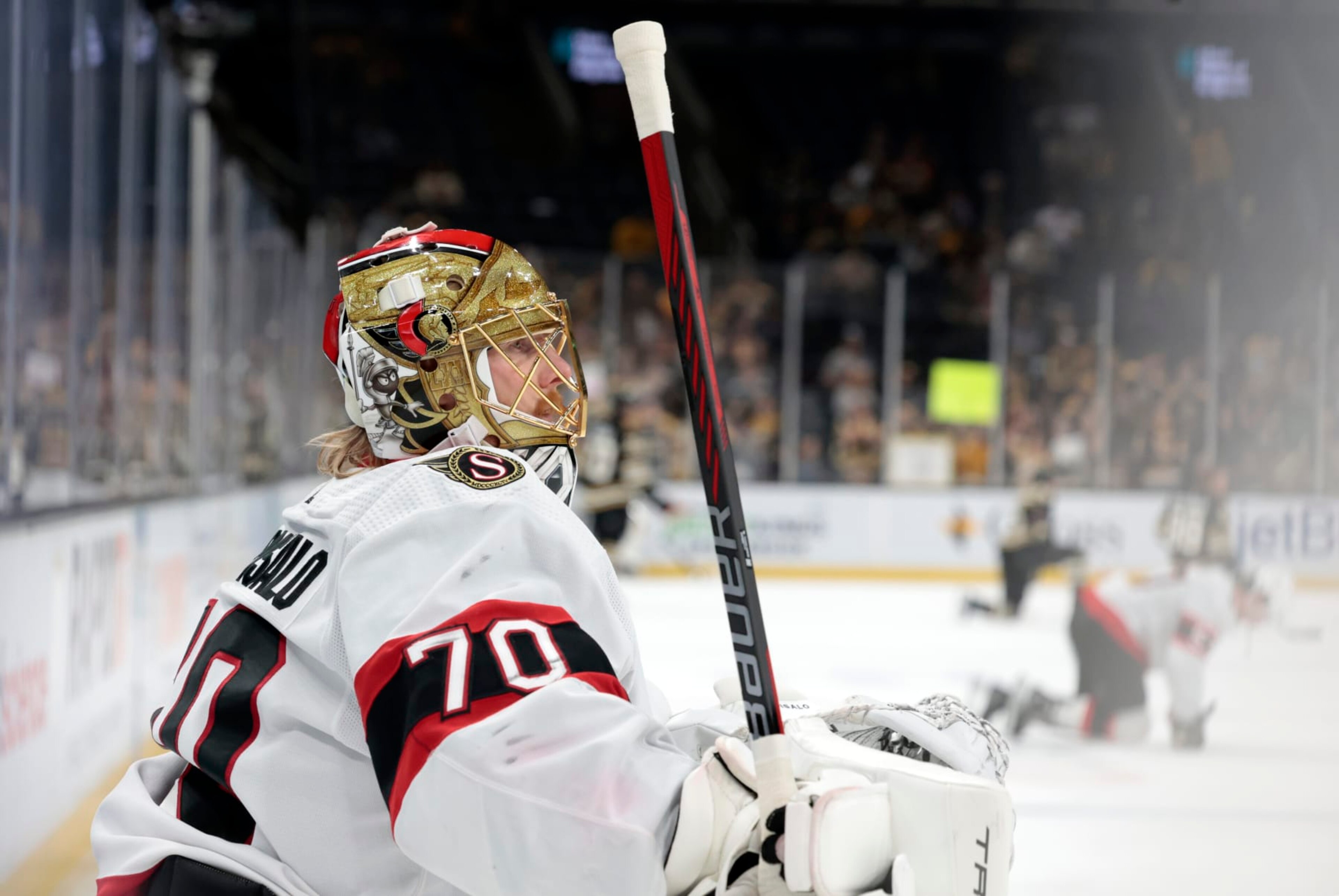 BOSTON, MA - APRIL 16: Ottawa Senators goalie Joonas Korpisalo (70) watches during warm up before a game between the Boston Bruins and the Ottawa Senators on April 16, 2024, at TD Garden in Boston, Massachusetts. (Photo by Fred Kfoury III/Icon Sportswire via Getty Images) BOSTON, MA - APRIL 16: Ottawa Senators goalie Joonas Korpisalo (70) watches during warm up before a game between the Boston Bruins and the Ottawa Senators on April 16, 2024, at TD Garden in Boston, Massachusetts. (Photo by Fred Kfoury III/Icon Sportswire via Getty Images)
