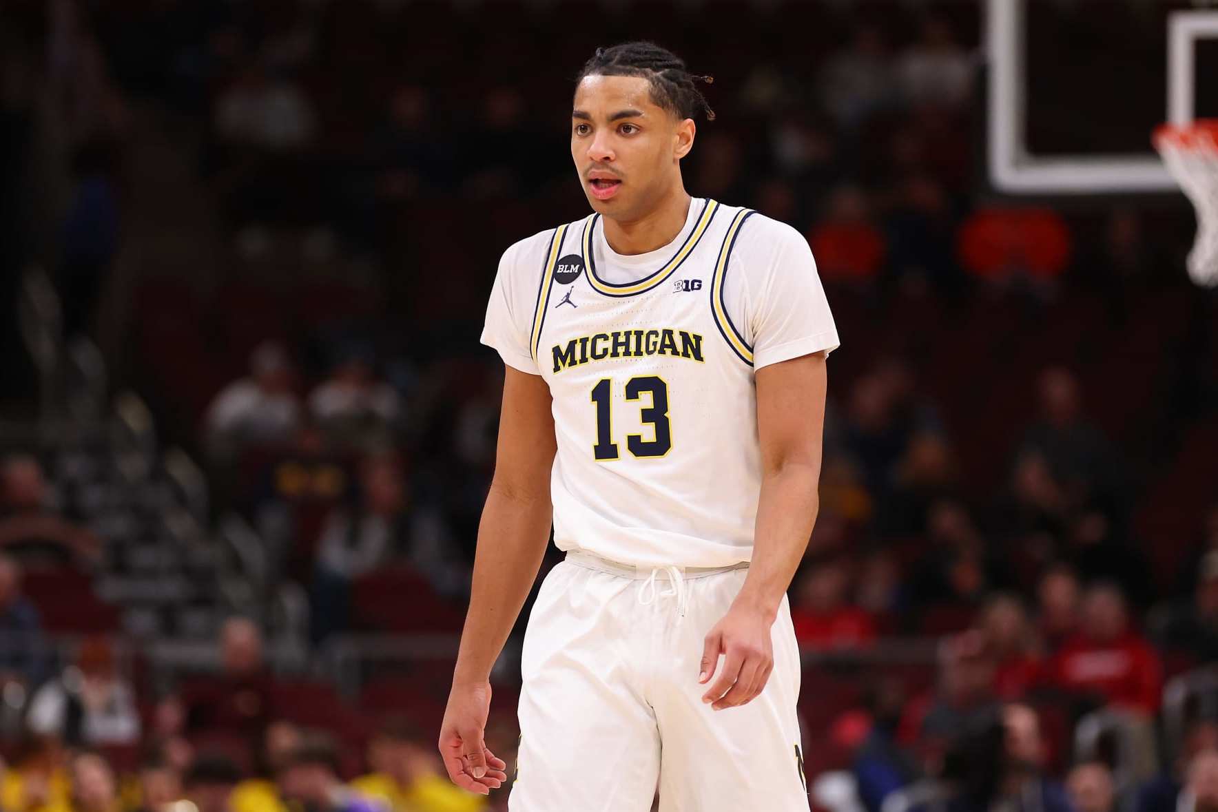 CHICAGO, ILLINOIS - MARCH 09: Jett Howard #13 of the Michigan Wolverines looks on against the Rutgers Scarlet Knights in the first half of the second round of the Big Ten Tournament at United Center on March 09, 2023 in Chicago, Illinois. (Photo by Michael Reaves/Getty Images)