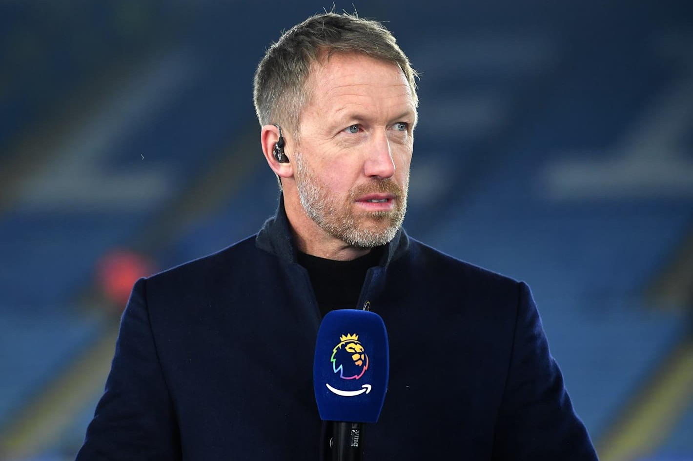 LEICESTER, ENGLAND - DECEMBER 3: Graham Potter during a piece to camera pitch side inside King Power Stadium before the Premier League match between Leicester City and West Ham United at King Power Stadium on December 3, 2024 in Leicester, United Kingdom. (Photo by Plumb Images/Leicester City FC via Getty Images)