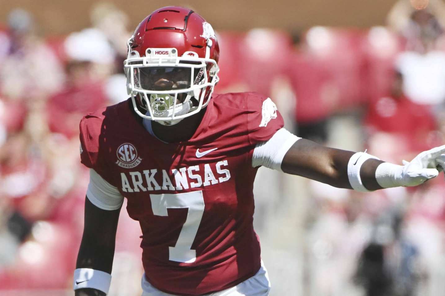 Arkansas defensive back Latavious Brini (7) against South Carolina during an NCAA football game on Saturday, Sept. 10, 2022, in Fayetteville, Ark. (AP Photo/Michael Woods)