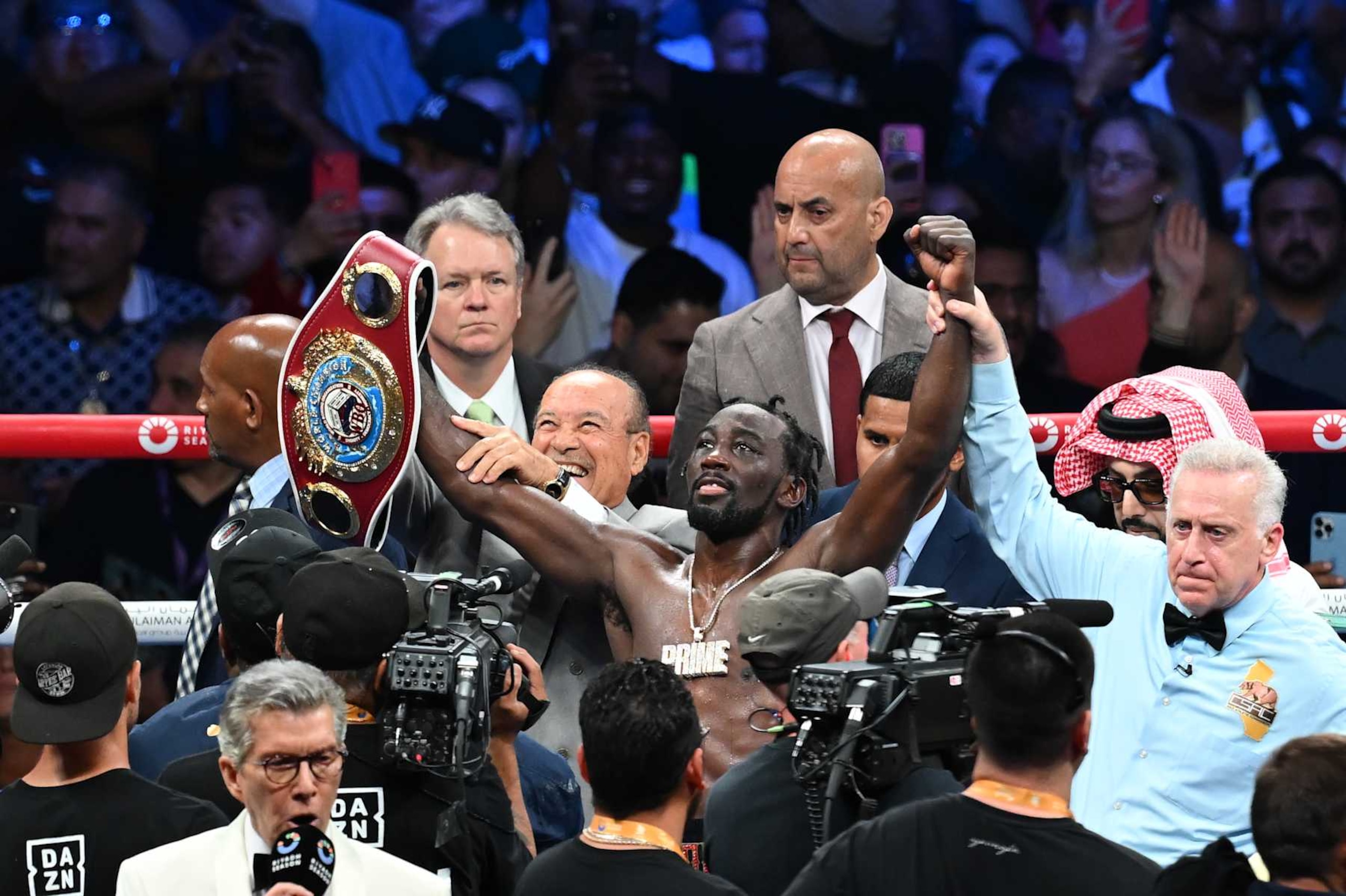 LOS ANGELES, CALIFORNIA - AUGUST 03: Terence Crawford 'Bud' from Omaha, Nebraska celebrates his victory after his match with Israil Madrimov ''The Dream' (not seen) from Uzbekistan at their WBA World WBO Interim title of the Premiere Boxing Championship during Riyadh Season on Saturday night at the BMO Stadium in Los Angeles, California United States on August 03, 2024. (Photo by Tayfun Coskun/Anadolu via Getty Images)