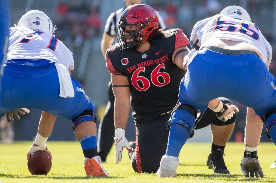 CARSON, CA - NOVEMBER 26: Jonah Tavai #66 of the San Diego State Aztecs on the line of scrimmage against the Boise State Broncos on November 26, 2021 at Dignity Health Sports Park in Carson, California. (Photo by Tom Hauck/Getty Images)