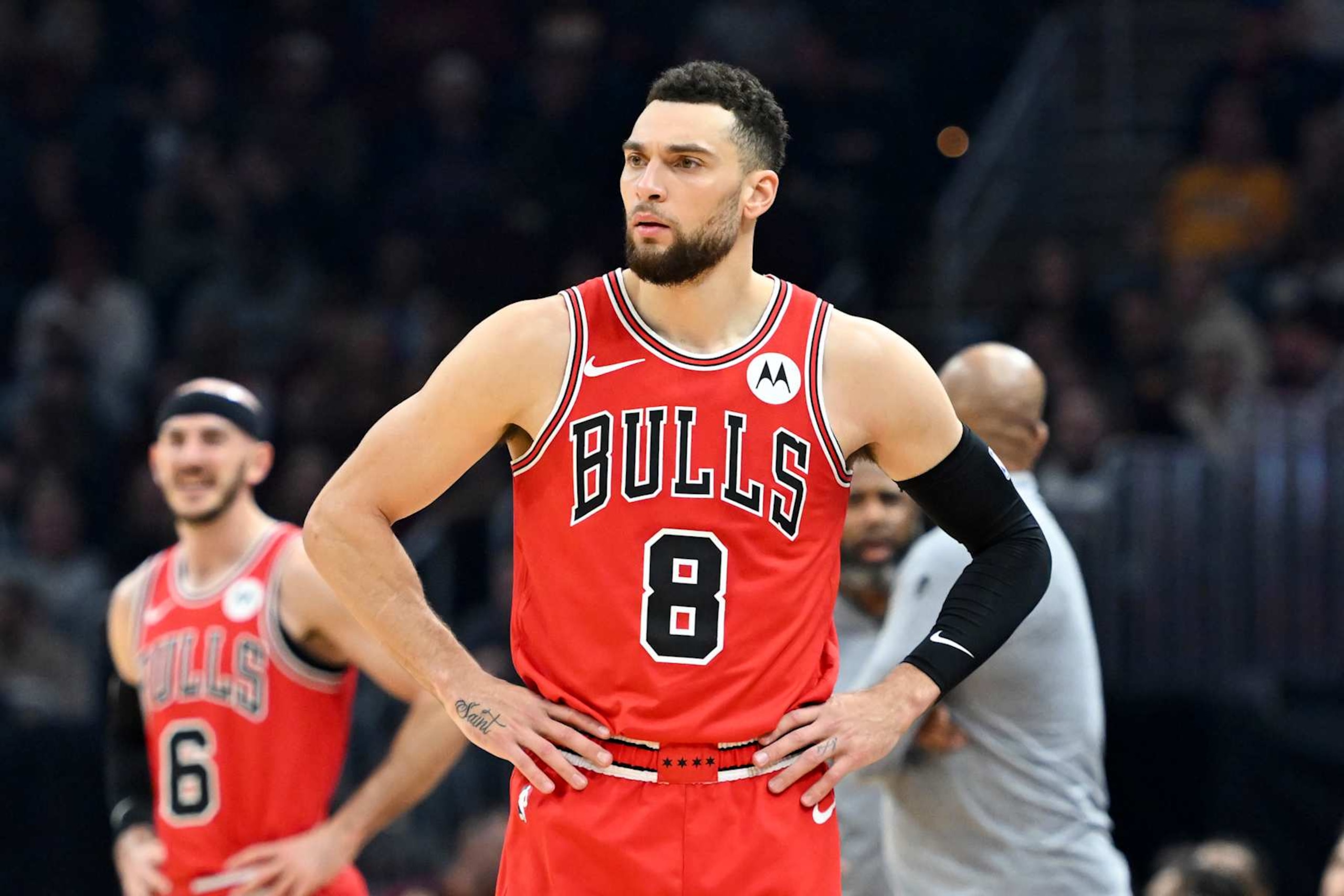 CLEVELAND, OHIO - JANUARY 15: Zach LaVine #8 of the Chicago Bulls looks on during the first half against the Cleveland Cavaliers at Rocket Mortgage Fieldhouse on January 15, 2024 in Cleveland, Ohio. NOTE TO USER: User expressly acknowledges and agrees that, by downloading and or using this photograph, User is consenting to the terms and conditions of the Getty Images License Agreement. (Photo by Nick Cammett/Getty Images) CLEVELAND, OHIO - JANUARY 15: Zach LaVine #8 of the Chicago Bulls looks on during the first half against the Cleveland Cavaliers at Rocket Mortgage Fieldhouse on January 15, 2024 in Cleveland, Ohio. NOTE TO USER: User expressly acknowledges and agrees that, by downloading and or using this photograph, User is consenting to the terms and conditions of the Getty Images License Agreement. (Photo by Nick Cammett/Getty Images)