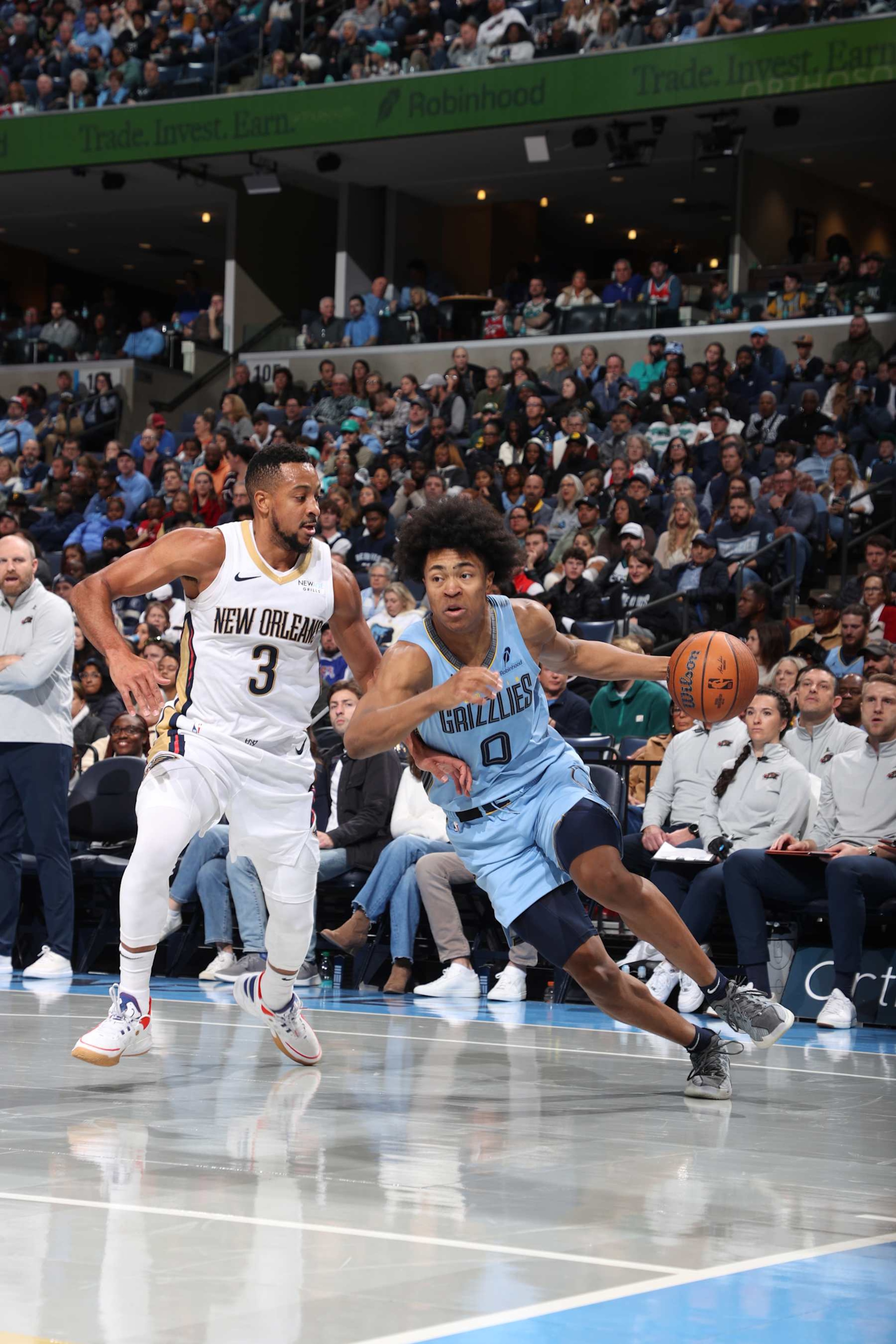 MEMPHIS, TN - NOVEMBER 29: Jaylen Wells #0 of the Memphis Grizzlies handles the ball during the game against the New Orleans Pelicans during the Emirates NBA Cup game on November 29, 2024 at FedExForum in Memphis, Tennessee. NOTE TO USER: User expressly acknowledges and agrees that, by downloading and or using this photograph, User is consenting to the terms and conditions of the Getty Images License Agreement. Mandatory Copyright Notice: Copyright 2024 NBAE (Photo by Joe Murphy/NBAE via Getty Images)