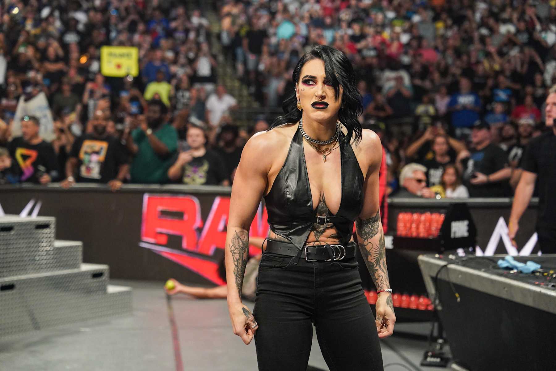 BALTIMORE, MARYLAND - AUGUST 5: Rhea Ripley looks during Monday Night RAW at CFG Bank Arena on August 5, 2024 in Baltimore, Maryland.  (Photo by WWE/Getty Images)
