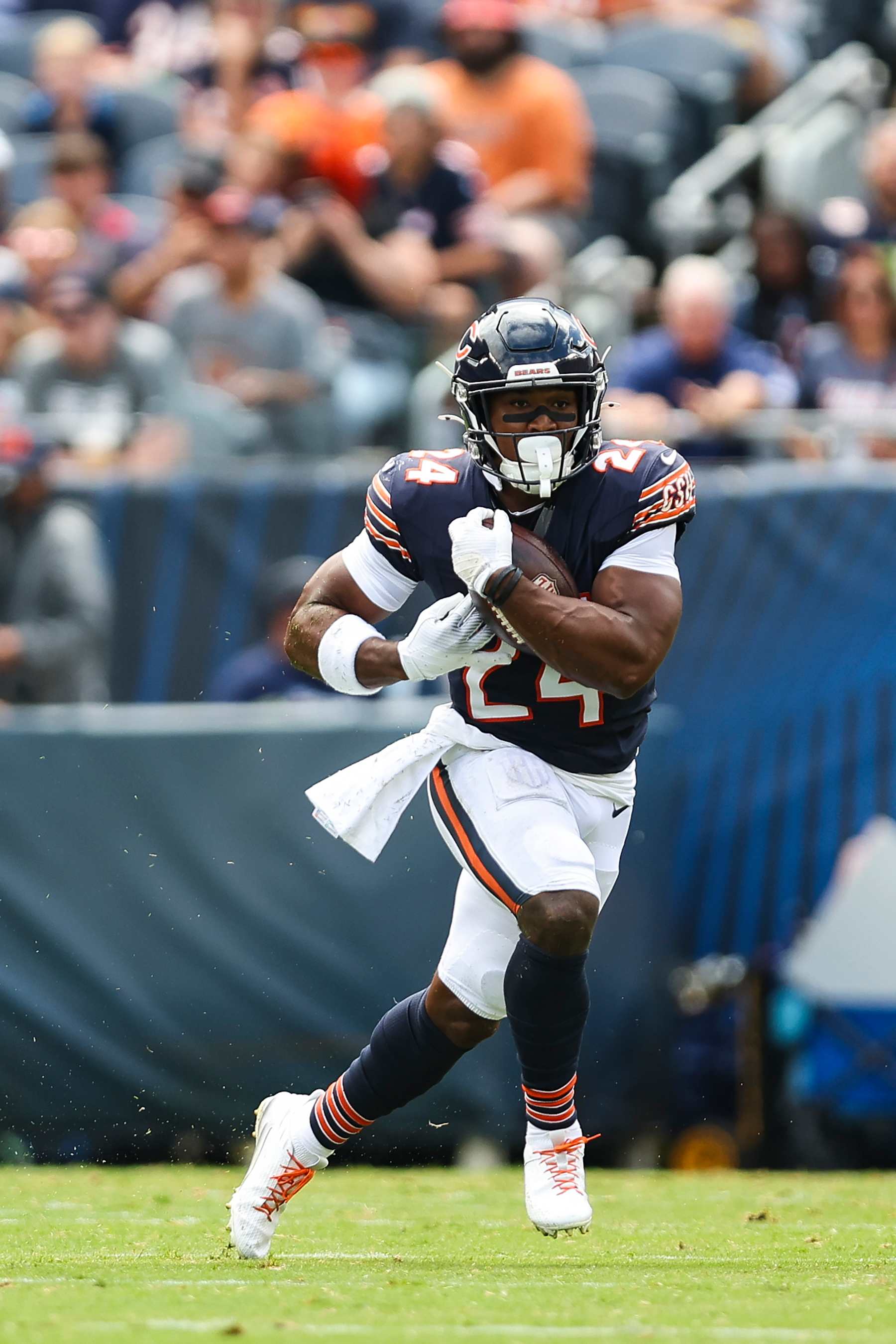 CHICAGO, IL - AUGUST 17: Khalil Herbert #24 of the Chicago Bears runs the ball during an NFL football game against the Cincinnati Bengals at Solider Field on August 17, 2024 in Chicago, Illinois. (Photo by Perry Knotts/Getty Images)