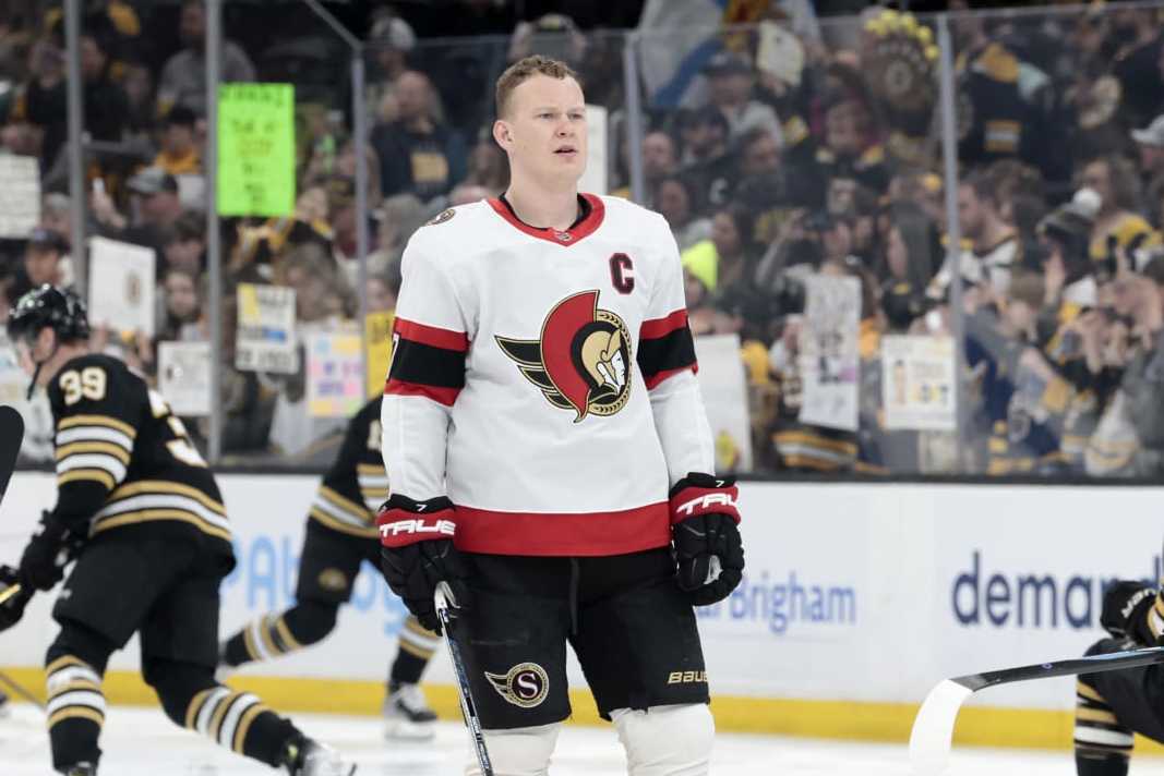 BOSTON, MA - APRIL 16: Ottawa Senators left wing Brady Tkachuk (7) looks on during warm up before a game between the Boston Bruins and the Ottawa Senators on April 16, 2024, at TD Garden in Boston, Massachusetts. (Photo by Fred Kfoury III/Icon Sportswire via Getty Images)