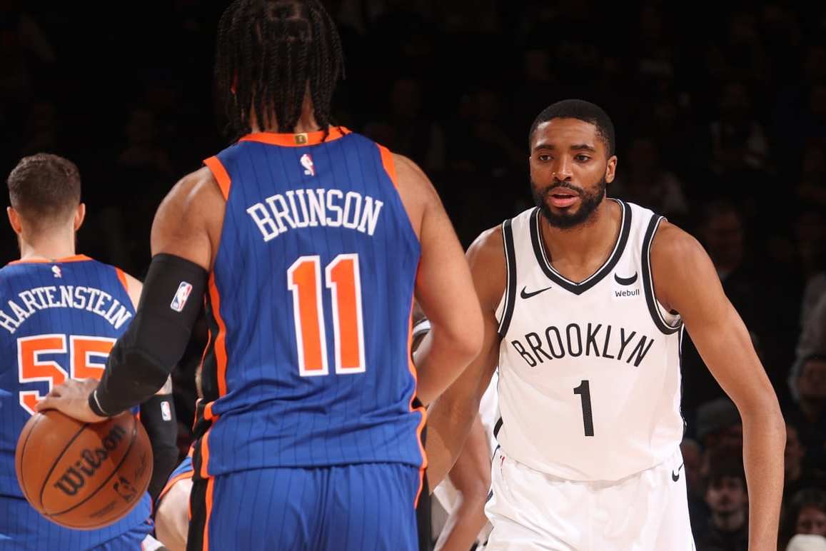 NEW YORK, NY - MARCH 23: Mikal Bridges #1 of the Brooklyn Nets plays defense against Jalen Brunson #11 of the New York Knicks on March 23, 2024 at Madison Square Garden in New York City, New York. NOTE TO USER: User expressly acknowledges and agrees that, by downloading and or using this photograph, User is consenting to the terms and conditions of the Getty Images License Agreement. Mandatory Copyright Notice: Copyright 2024 NBAE (Photo by Nathaniel S. Butler/NBAE via Getty Images)