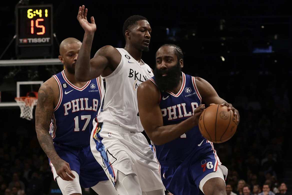 NEW YORK, NEW YORK - FEBRUARY 11: (NEW YORK DAILIES OUT) James Harden #1 of the Philadelphia 76ers in action against the Brooklyn Nets at Barclays Center on February 11, 2023 in New York City. The 76ers defeated the Nets 101-98. NOTE TO USER: User expressly acknowledges and agrees that, by downloading and or using this photograph, User is consenting to the terms and conditions of the Getty Images License Agreement. (Photo by Jim McIsaac/Getty Images) NEW YORK, NEW YORK - FEBRUARY 11: (NEW YORK DAILIES OUT) James Harden #1 of the Philadelphia 76ers in action against the Brooklyn Nets at Barclays Center on February 11, 2023 in New York City. The 76ers defeated the Nets 101-98. NOTE TO USER: User expressly acknowledges and agrees that, by downloading and or using this photograph, User is consenting to the terms and conditions of the Getty Images License Agreement. (Photo by Jim McIsaac/Getty Images)