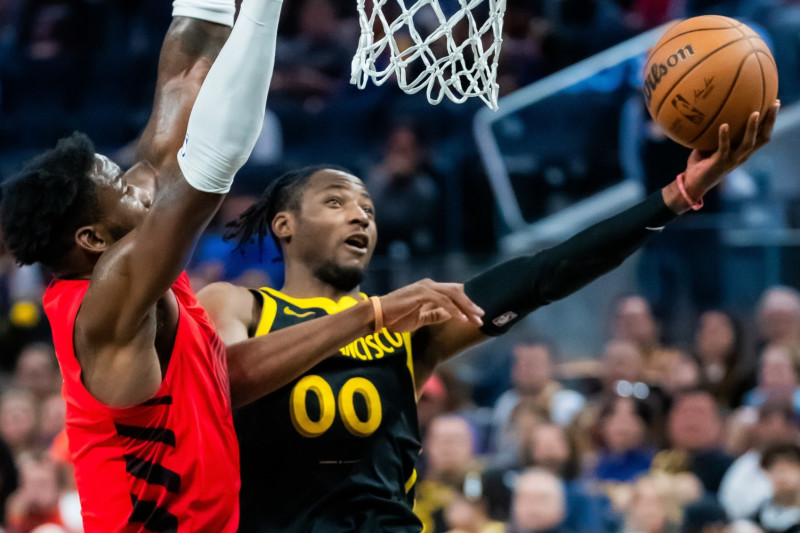 Jonathan Kuminga R of Warriors goes for the basket during the 2023-2024 NBA regular season match between Portland Trail Blazers and Golden State Warriors in San Francisco, the United States, Dec. 23, 2023. (Photo by Dong Xudong/Xinhua via Getty Images)