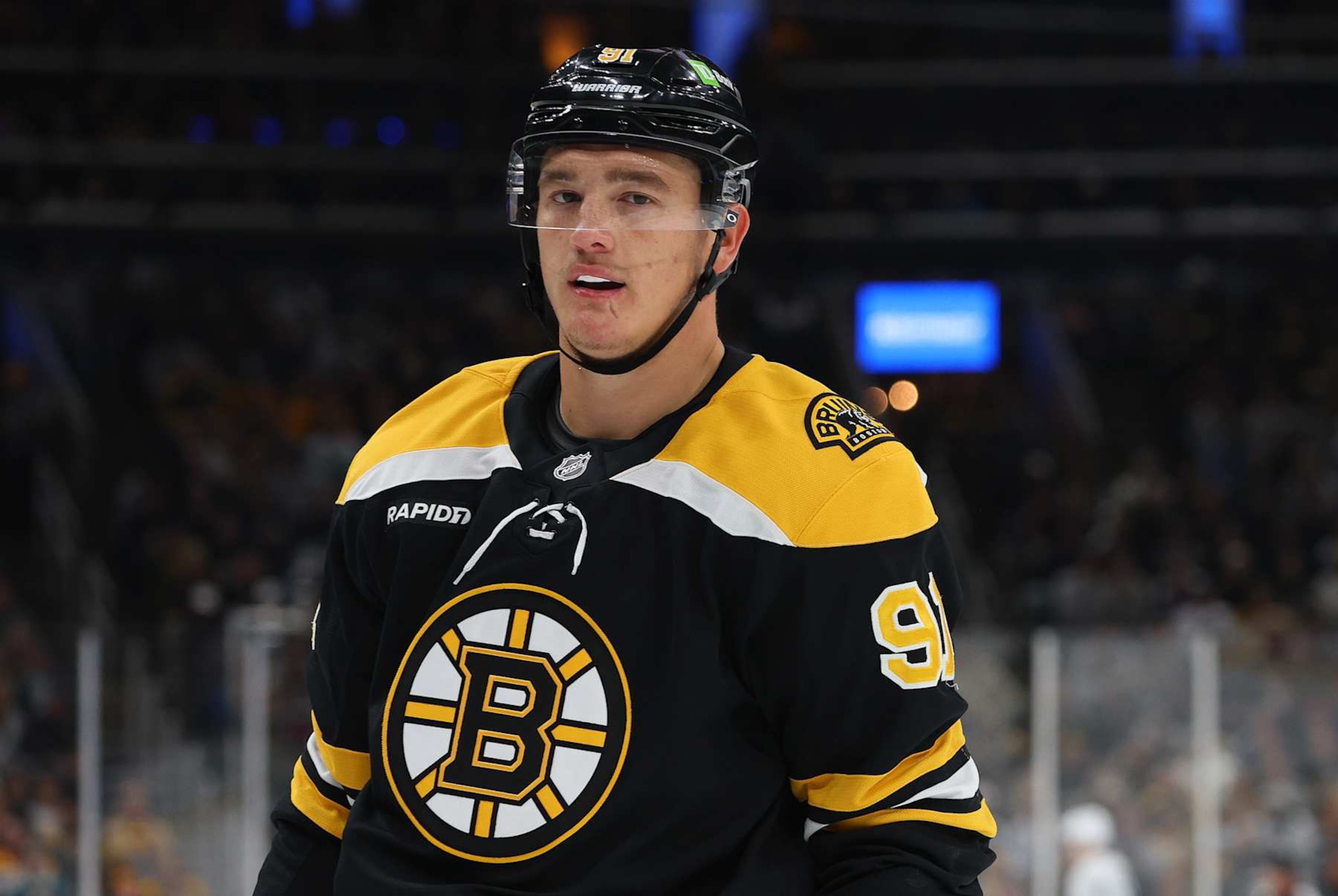 BOSTON, MA - OCTOBER 26: Boston Bruins defenseman Nikita Zadorov (91) during a NHL game between Toronto Maple Leafs and Boston Bruins on October 26, 2024, at TD Garden in Boston, MA. (Photo by M. Anthony Nesmith/Icon Sportswire via Getty Images)