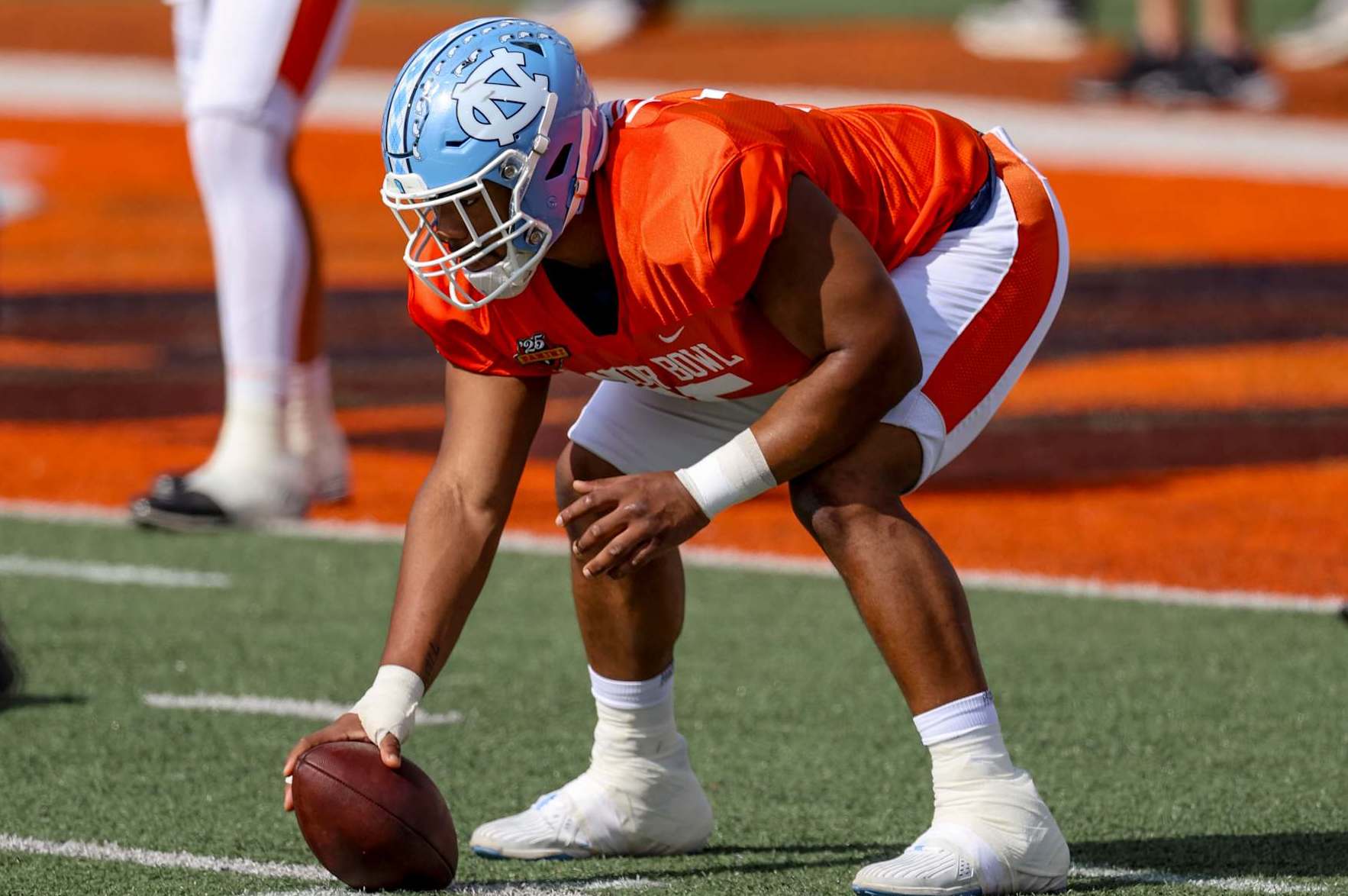 MOBILE, ALABAMA - JANUARY 29: Willie Lampkin #55 of North Carolina during Senior Bowl practice at Hancock Whitney Stadium on January 29, 2025 in Mobile, Alabama. (Photo by Derick E. Hingle/Getty Images)