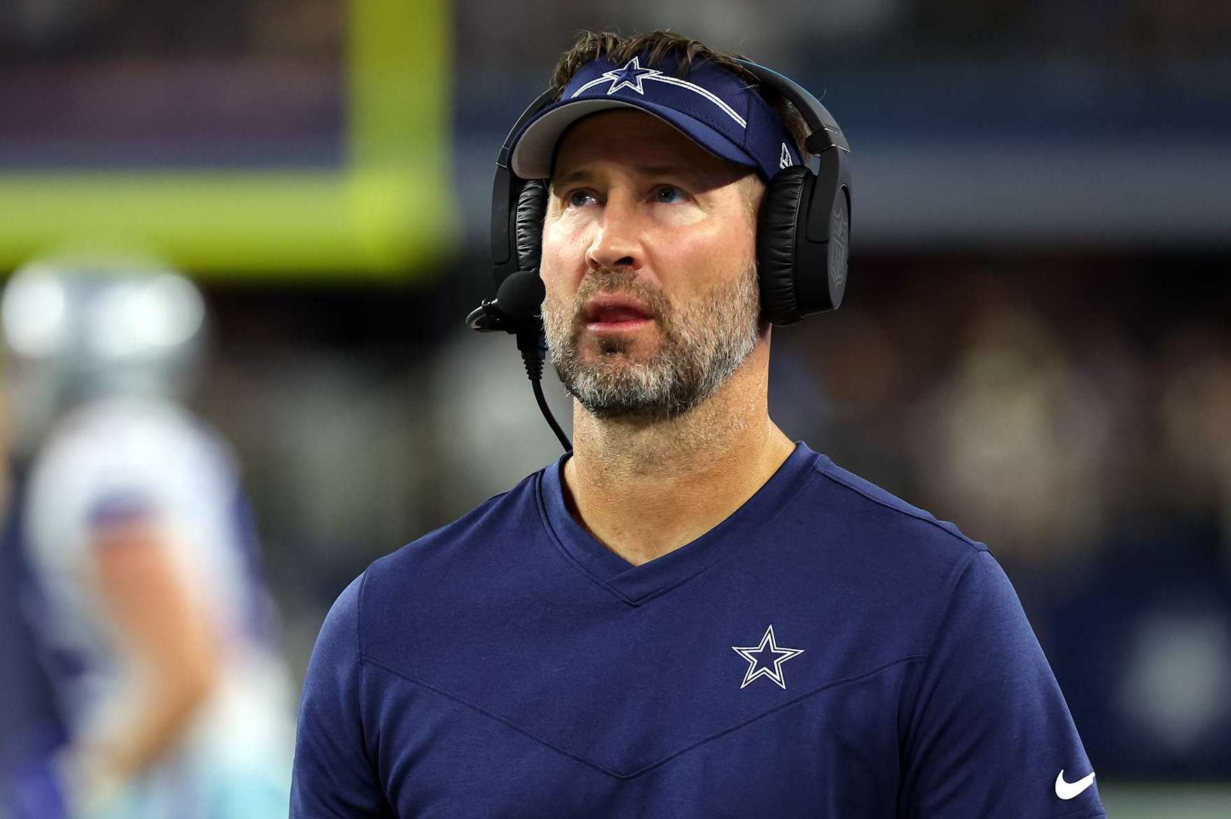 ARLINGTON, TEXAS - AUGUST 26: Dallas Cowboys offensive coordinator Brian Schottenheimer is seen on the sideline in a preseason game against the Las Vegas Raiders at AT&T Stadium on August 26, 2023 in Arlington, Texas. (Photo by Richard Rodriguez/Getty Images)