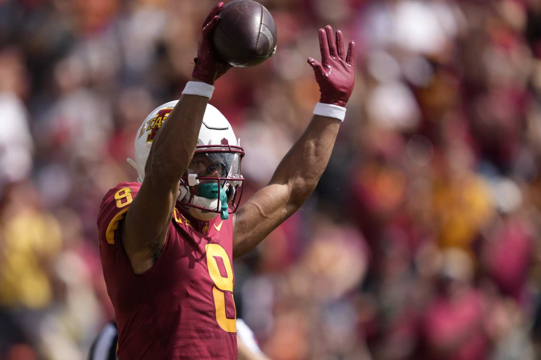 Iowa State wide receiver Xavier Hutchinson (8) celebrates a touchdown during the first half of an NCAA college football game against Southeast Missouri State, Saturday, Sept. 3, 2022, in Ames, Iowa. (AP Photo/Matthew Putney)